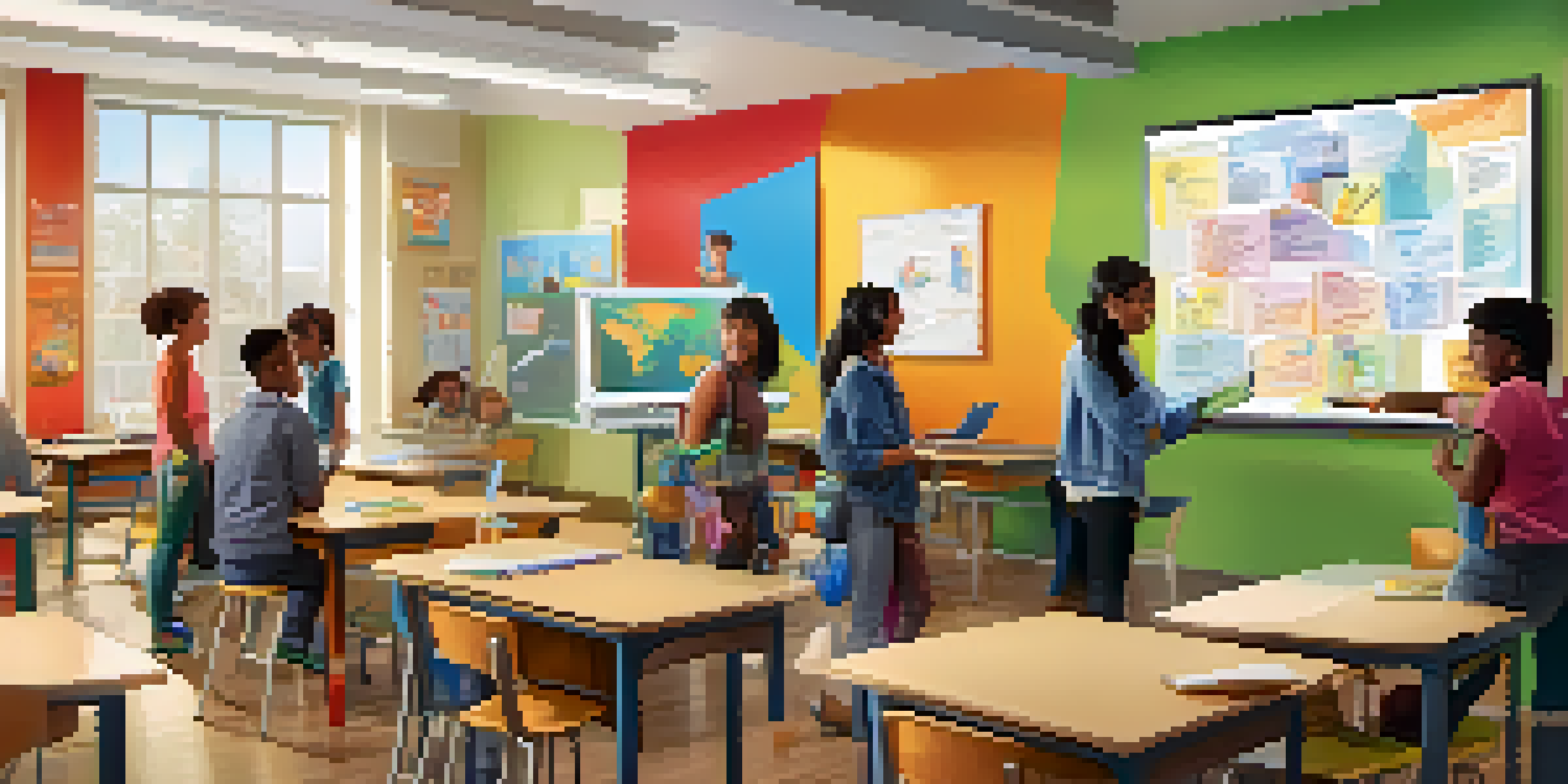 A bright classroom with students using interactive technology and collaborating on a project, surrounded by educational materials and natural light.