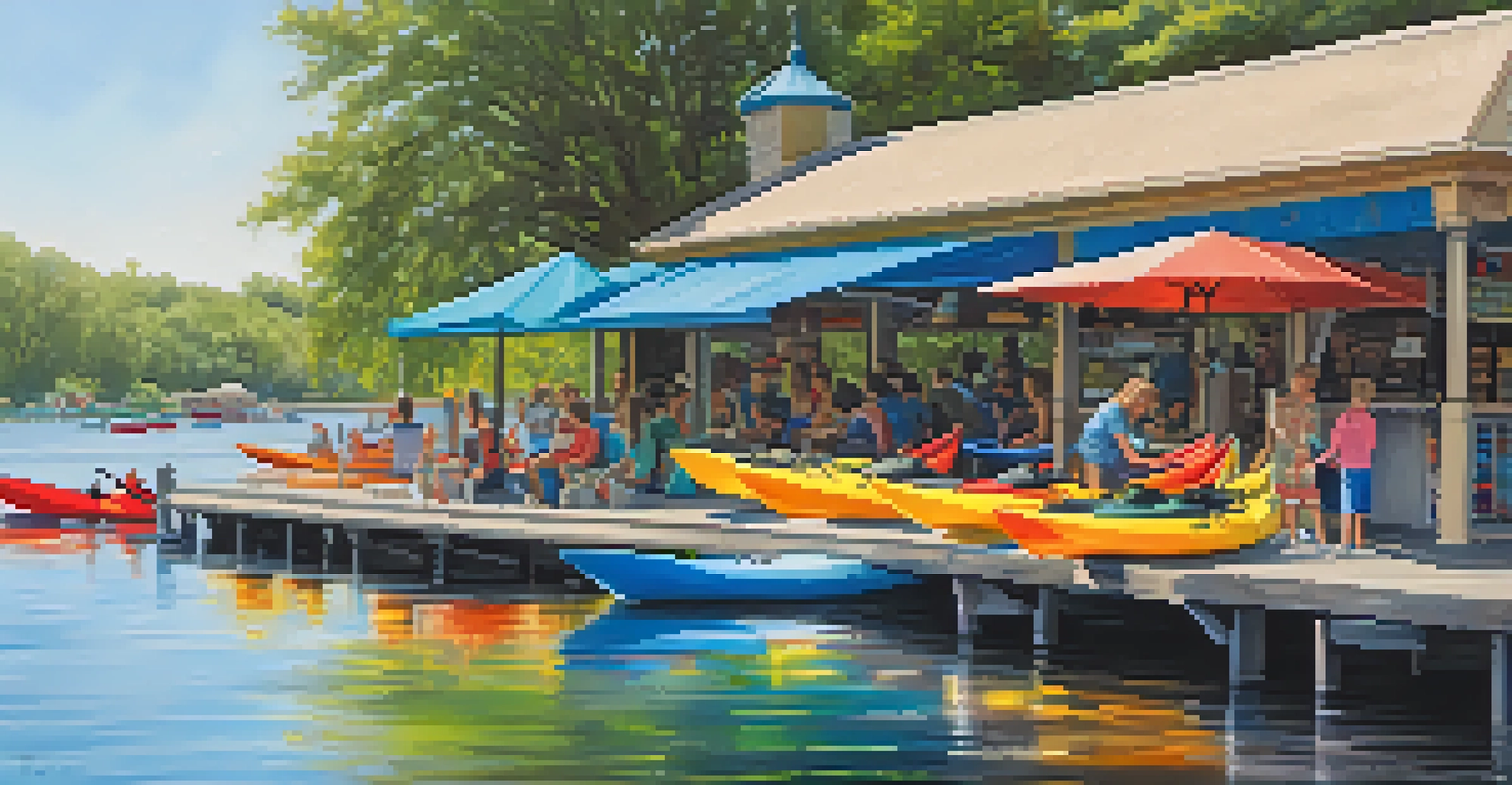 A family at a riverside kiosk in Jacksonville, selecting colorful kayaks for their paddling adventure on a sunny day.