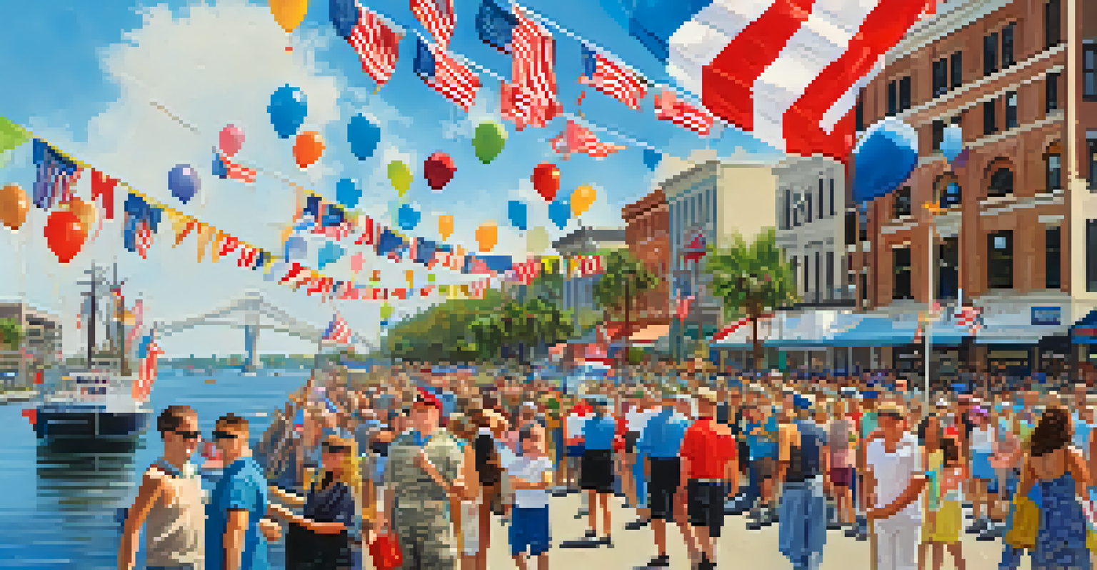 A colorful parade during Jacksonville Military Appreciation Month, with service members, floats, and families celebrating along the waterfront under a clear blue sky.