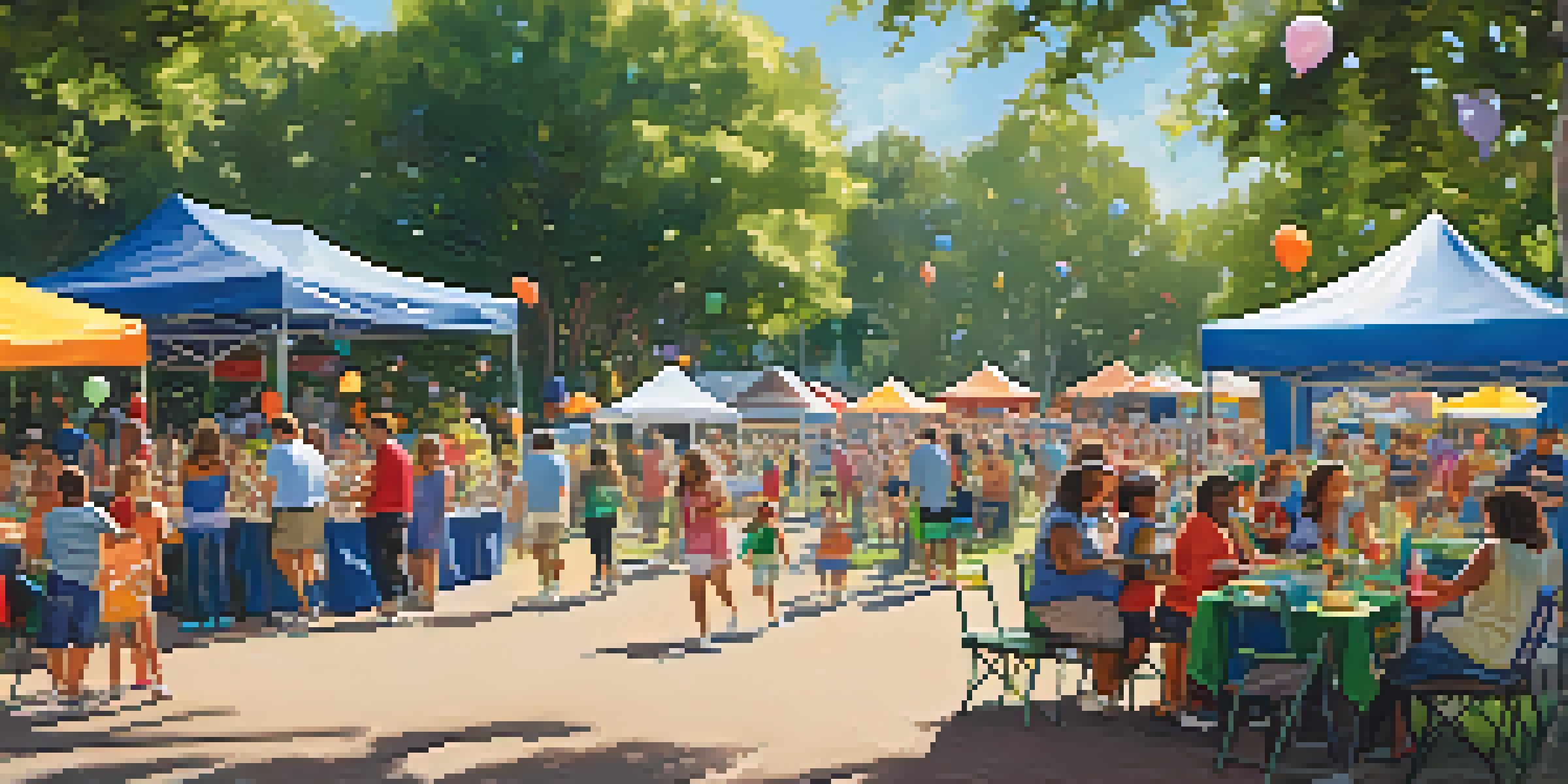 A lively charity event in a park with families, colorful booths, musicians, and children playing, showcasing community spirit.