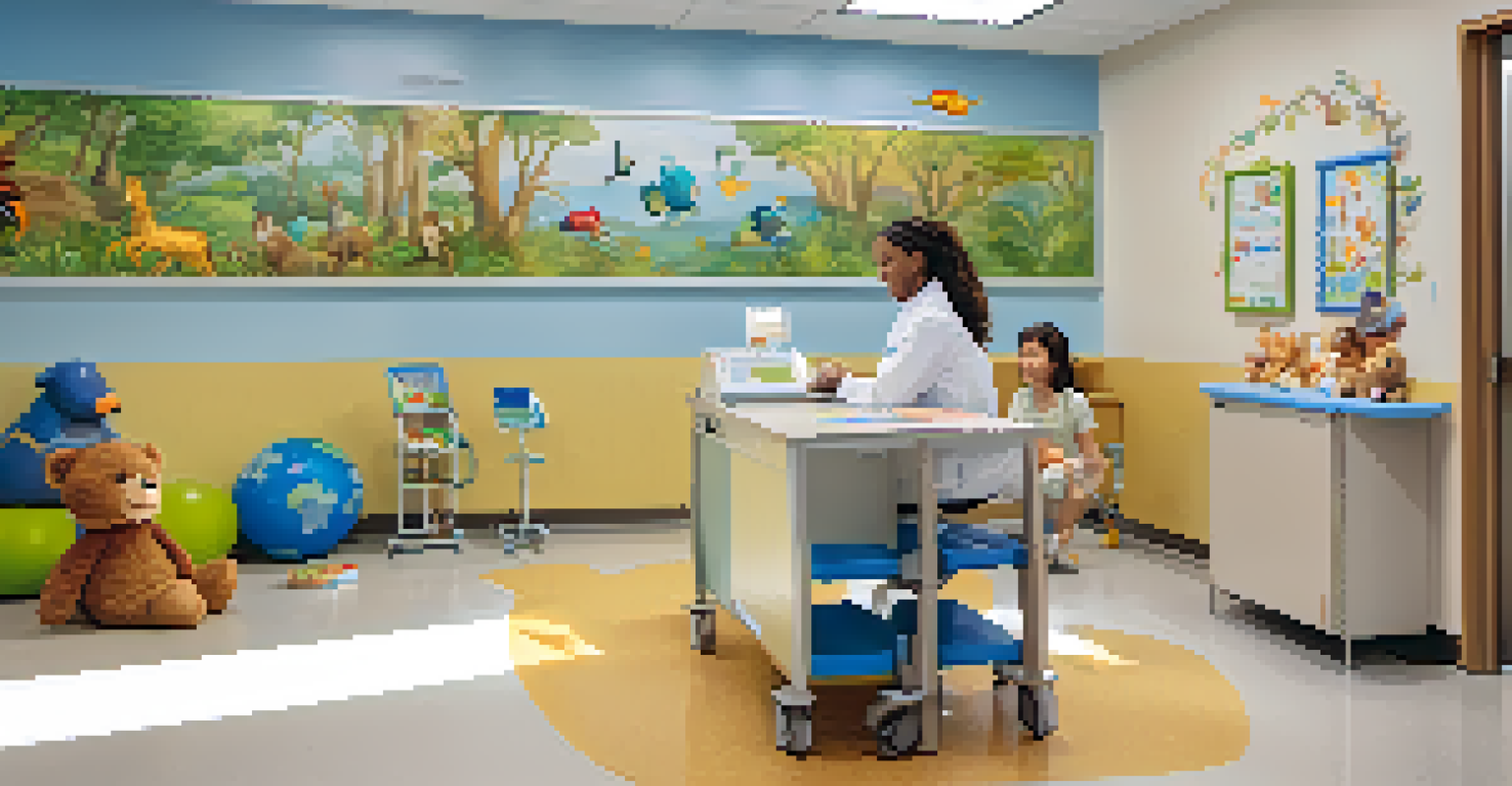 A pediatric healthcare room with colorful animal murals, a nurse interacting with a child on an examination table, surrounded by toys.