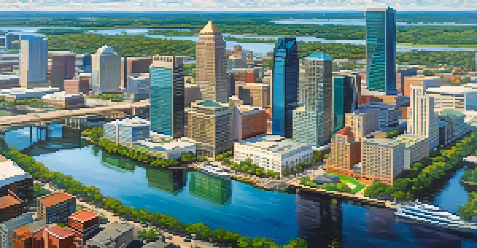 An aerial view of downtown Jacksonville featuring modern skyscrapers and the St. Johns River.