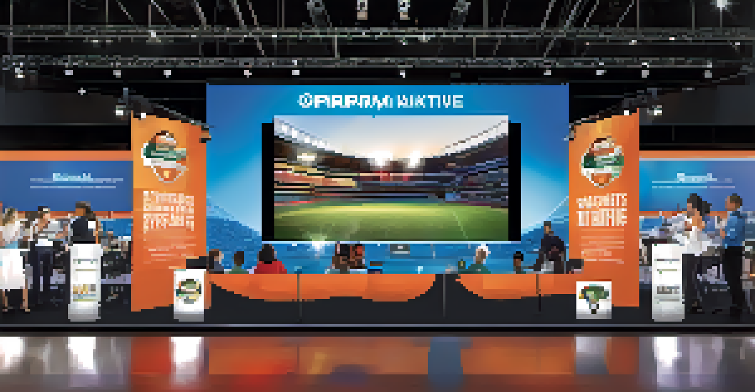 A digital marketing setup at a sports sponsorship event with attendees interacting with content on mobile devices.