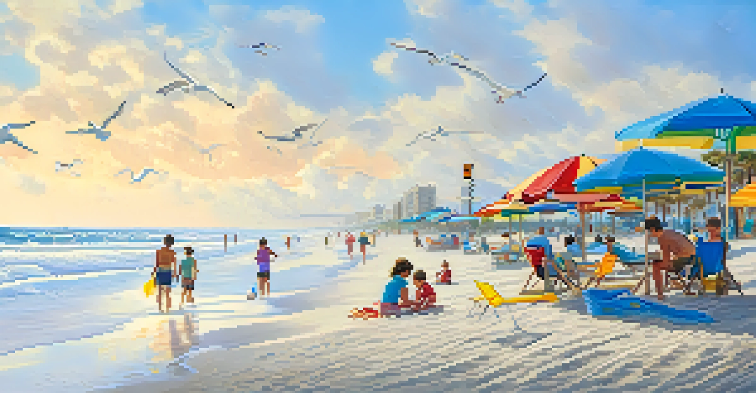 Families enjoying a picnic at Jacksonville Beach, with umbrellas and children playing in the sand, and the ocean waves in the background.