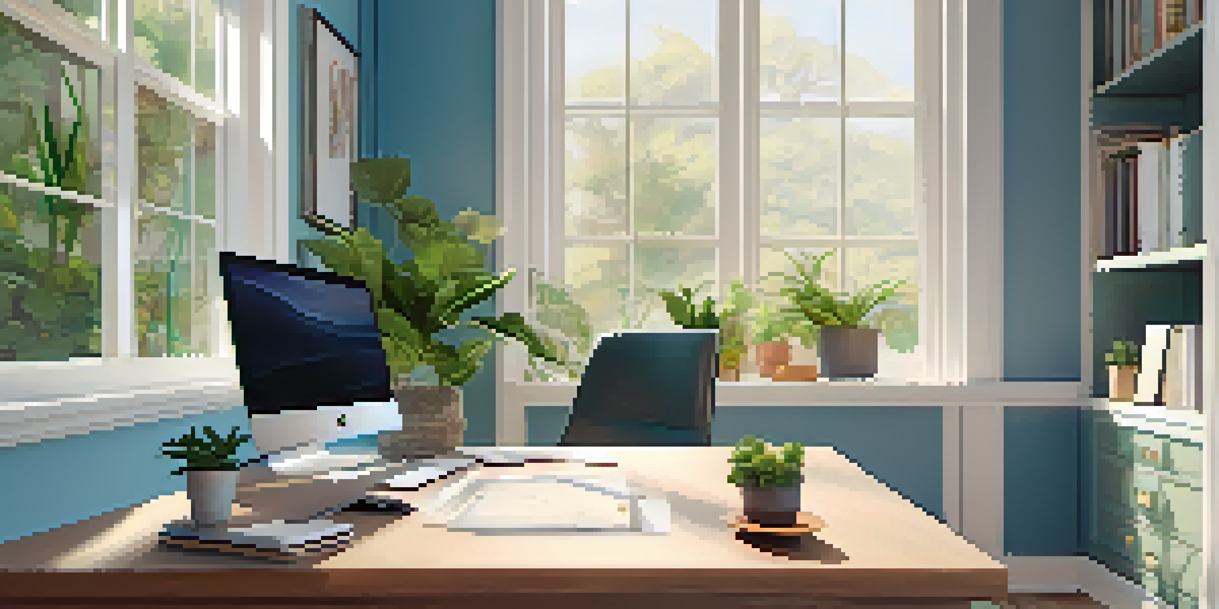 A cozy home office featuring a laptop displaying a telehealth consultation with a healthcare professional, surrounded by plants and natural light.