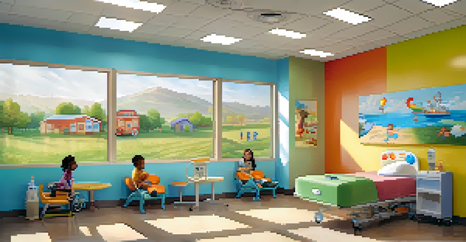 A vibrant pediatric clinic with colorful murals and friendly staff interacting with children.