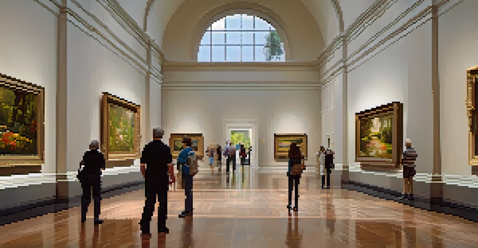 An interior view of the Cummer Museum featuring diverse artworks and glimpses of the gardens outside.