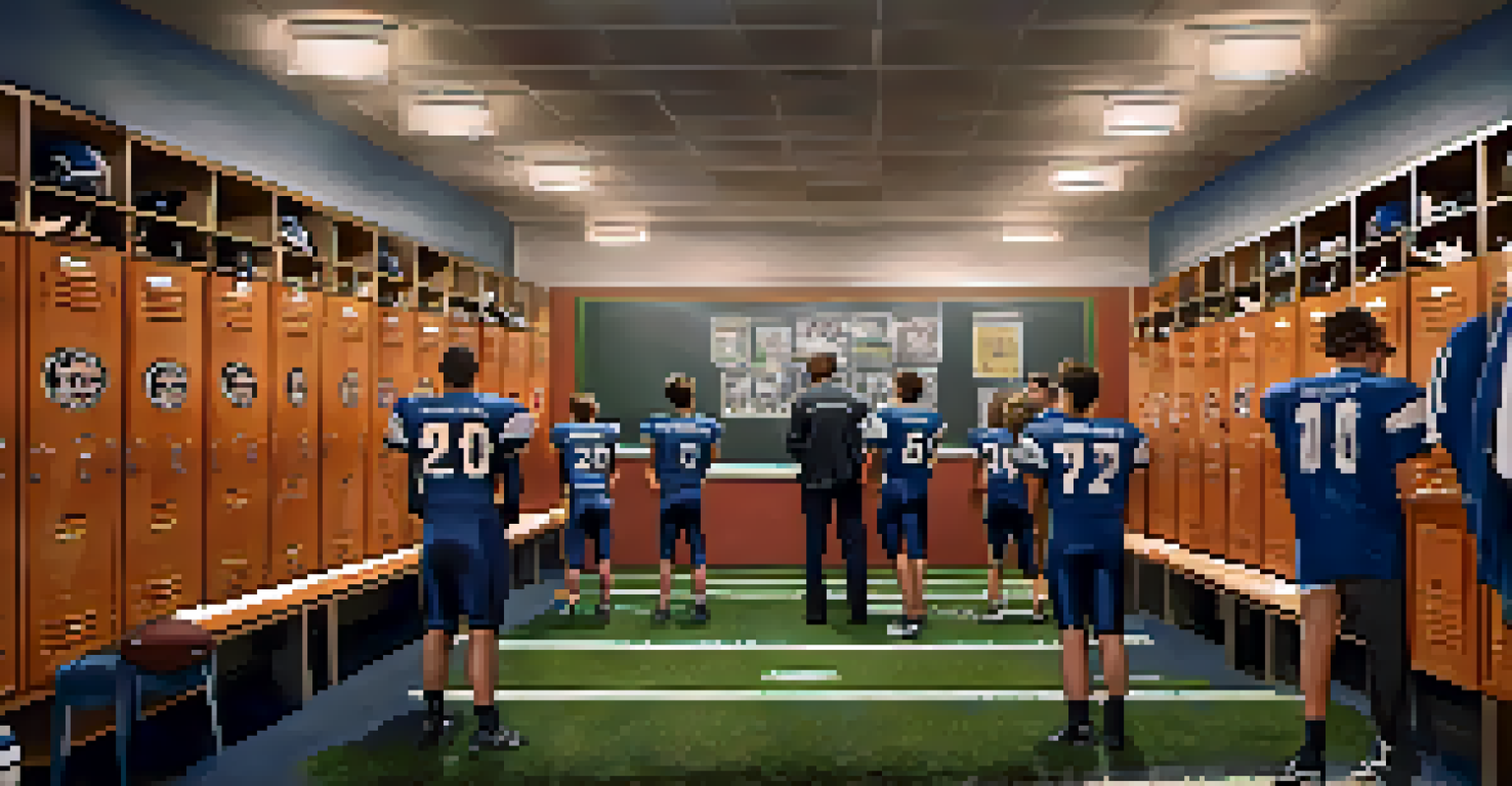 A high school football coach speaking to his team in a locker room, filled with young athletes wearing jerseys, surrounded by trophies and motivational posters.