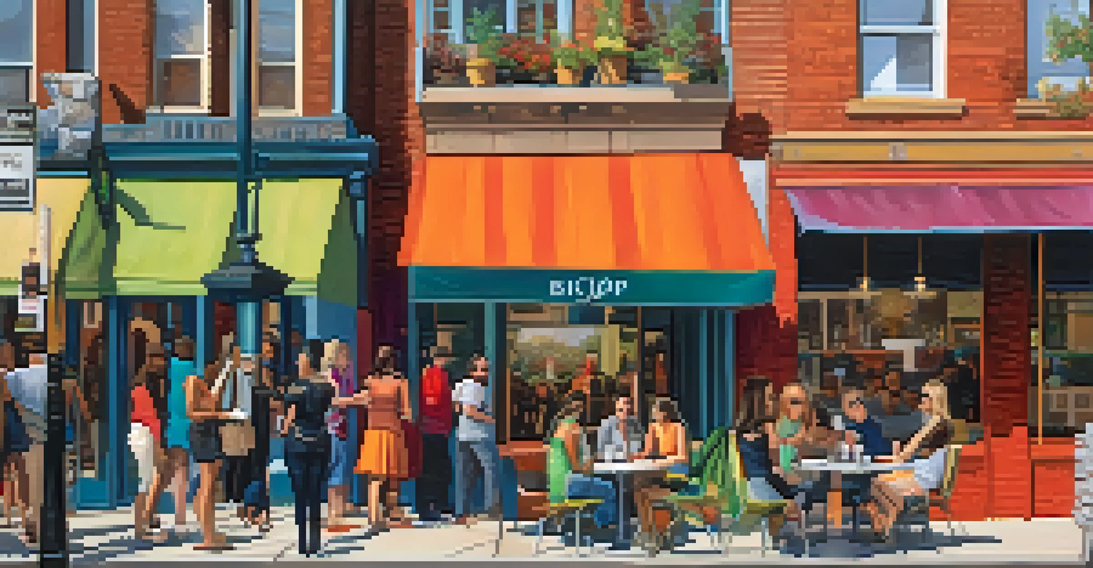 A lively street scene in Bishop Arts with colorful art galleries and trendy shops, filled with young professionals enjoying outdoor dining.