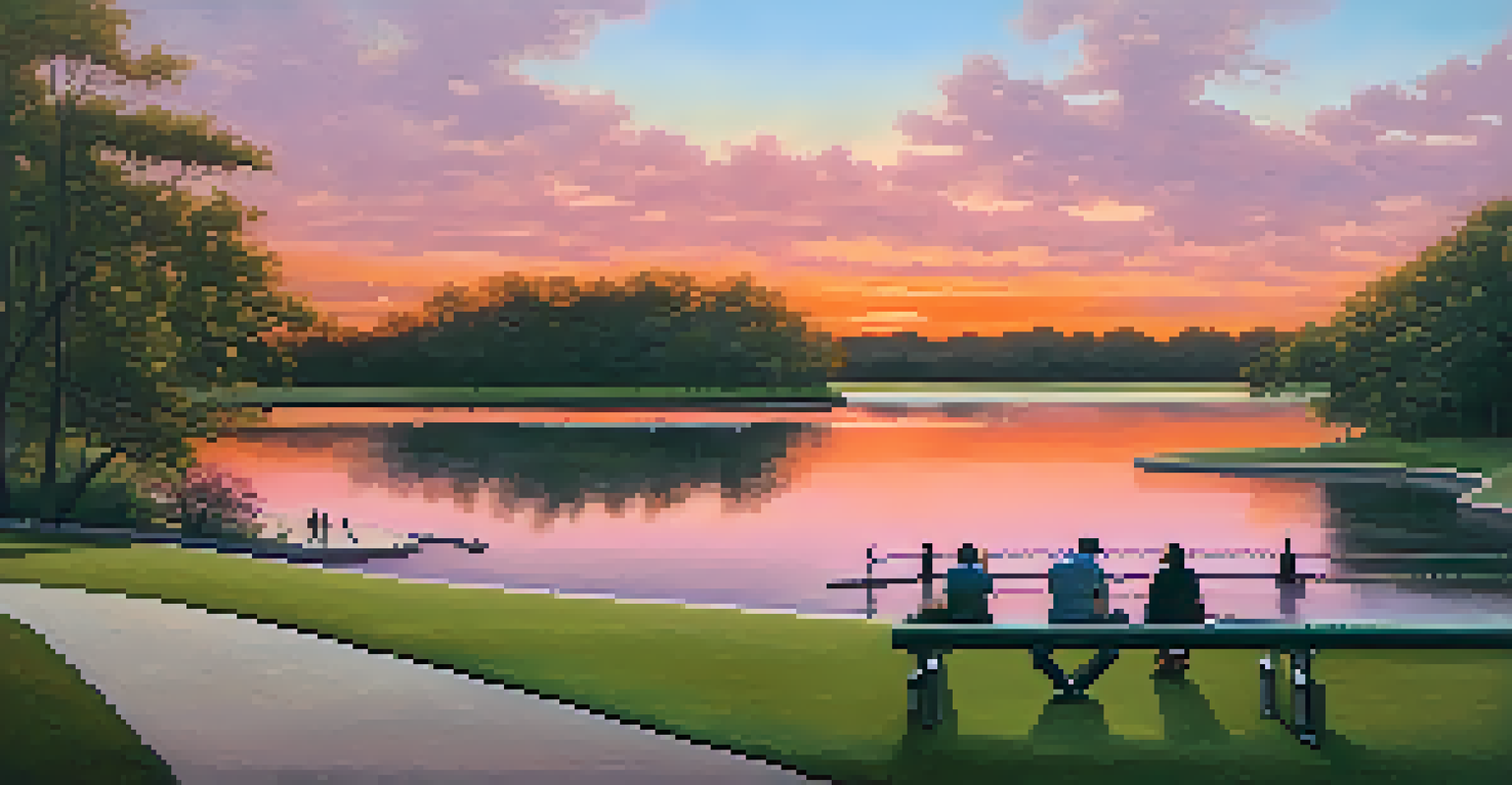 A tranquil park scene at sunset in Jacksonville, featuring people relaxing on benches and walking along a path beside a pond, with colorful sky reflections.