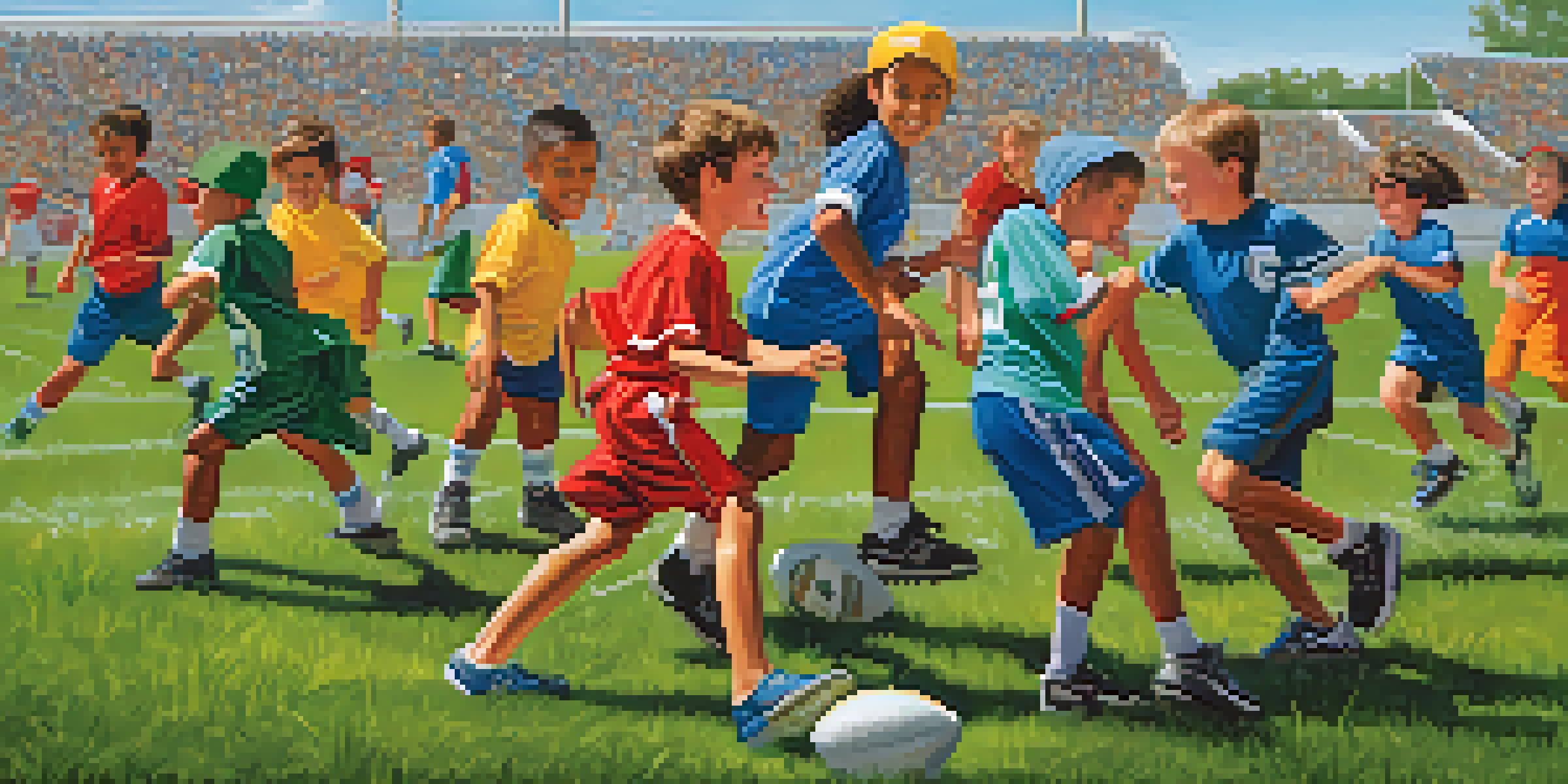 A lively football match featuring diverse children in colorful jerseys, playing on a green field with spectators in the background.