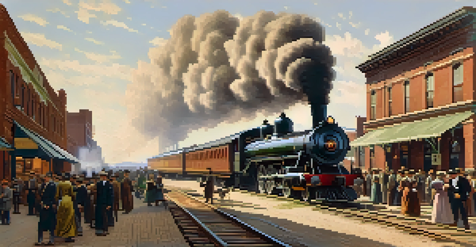 A lively scene of Jacksonville in the 1880s with a steam train at a bustling station, surrounded by passengers and merchants.