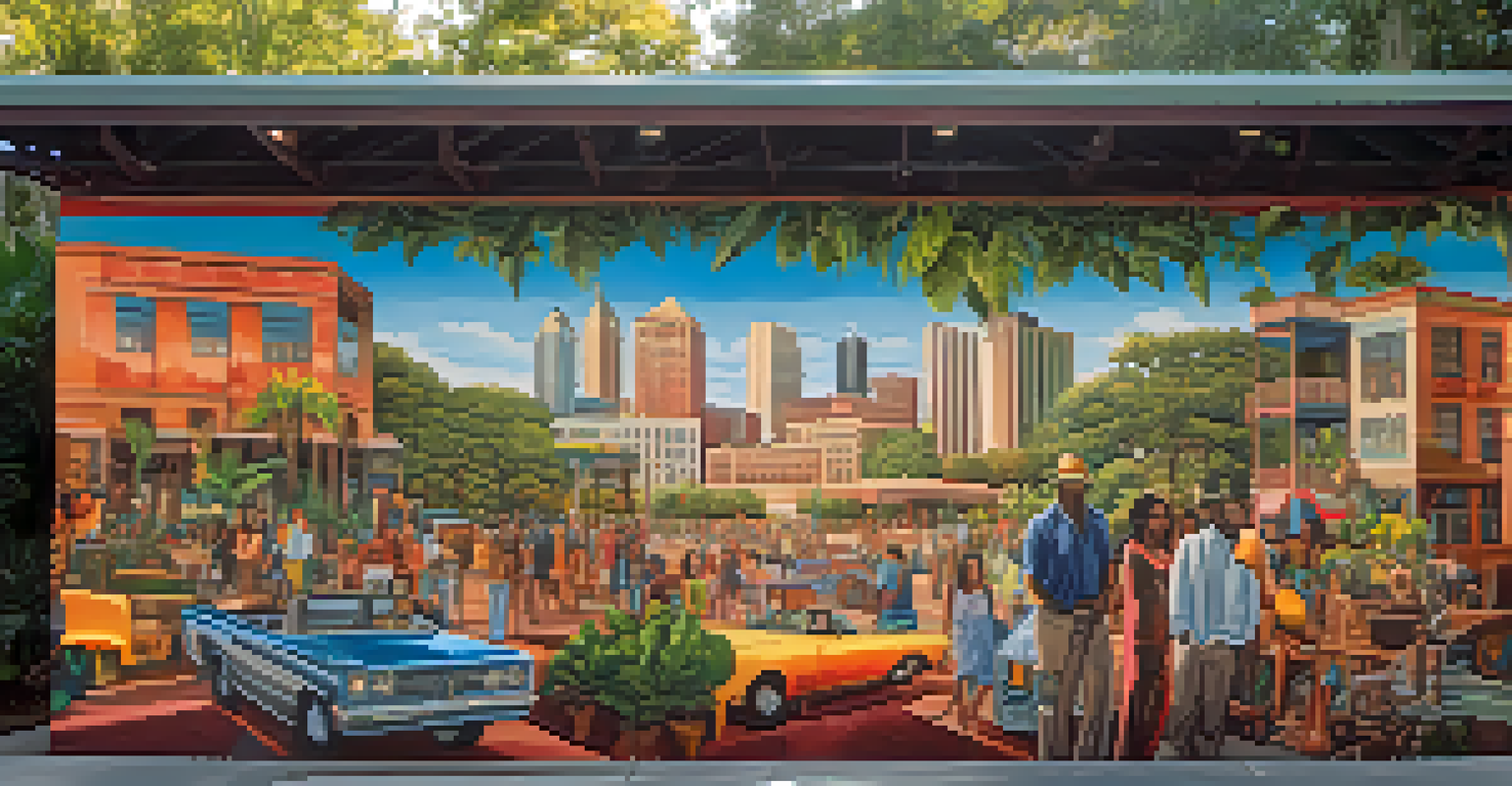 A large, vibrant mural in Jacksonville showcasing its cultural heritage with elements from various influences, surrounded by greenery.