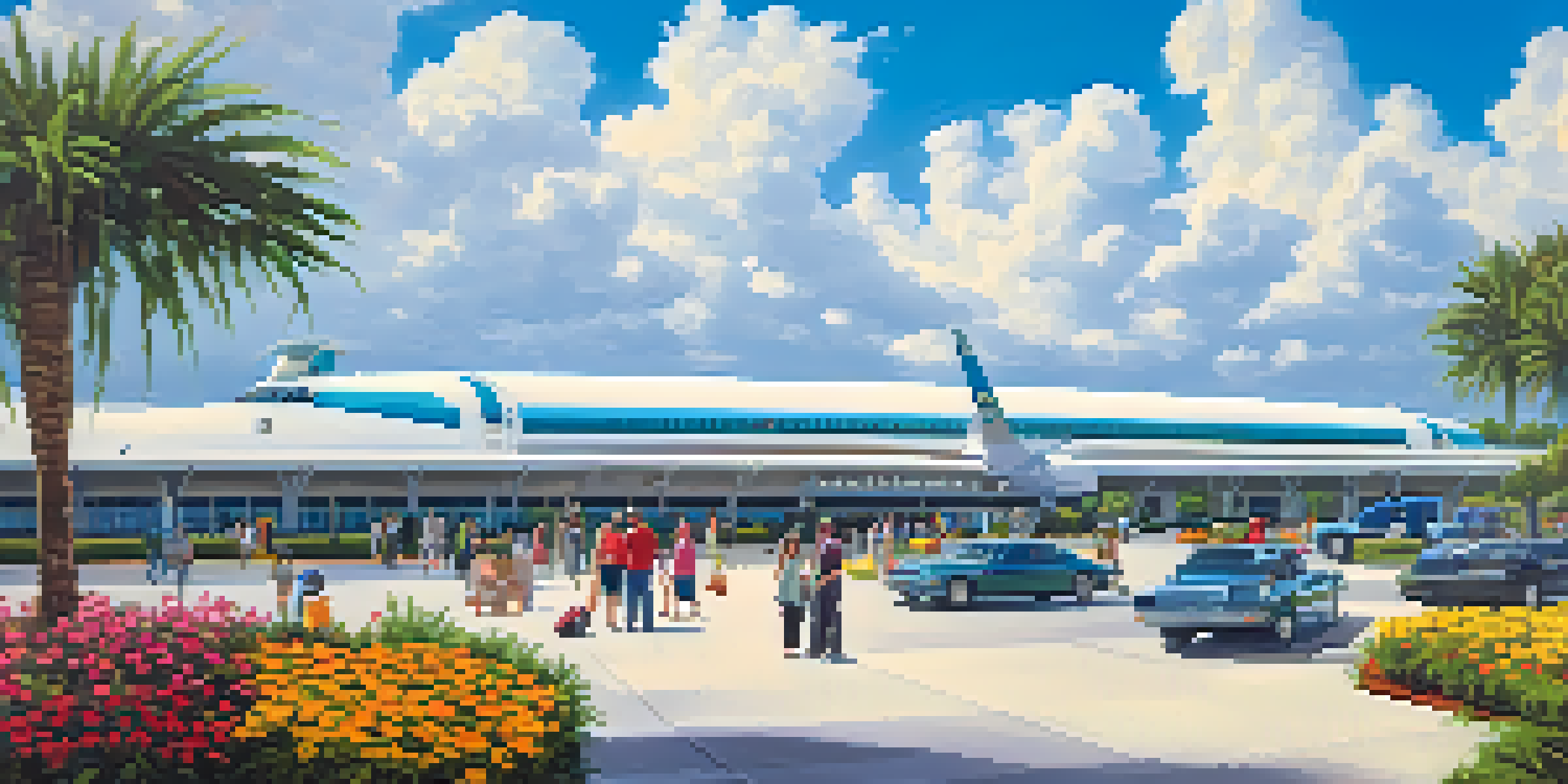A bustling Jacksonville International Airport terminal on a sunny day, with travelers and greenery.