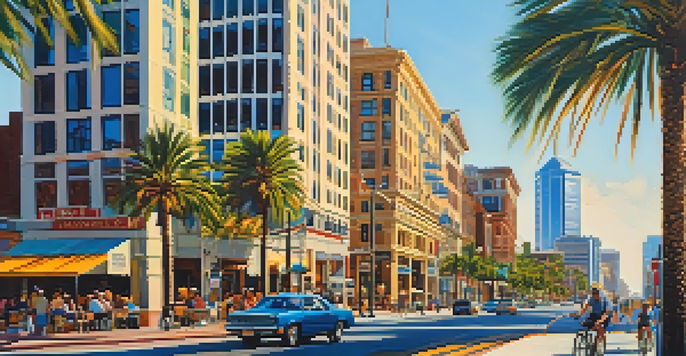 A lively cityscape of Jacksonville with modern skyscrapers and historic buildings, busy streets, palm trees, and outdoor cafes under a clear blue sky.