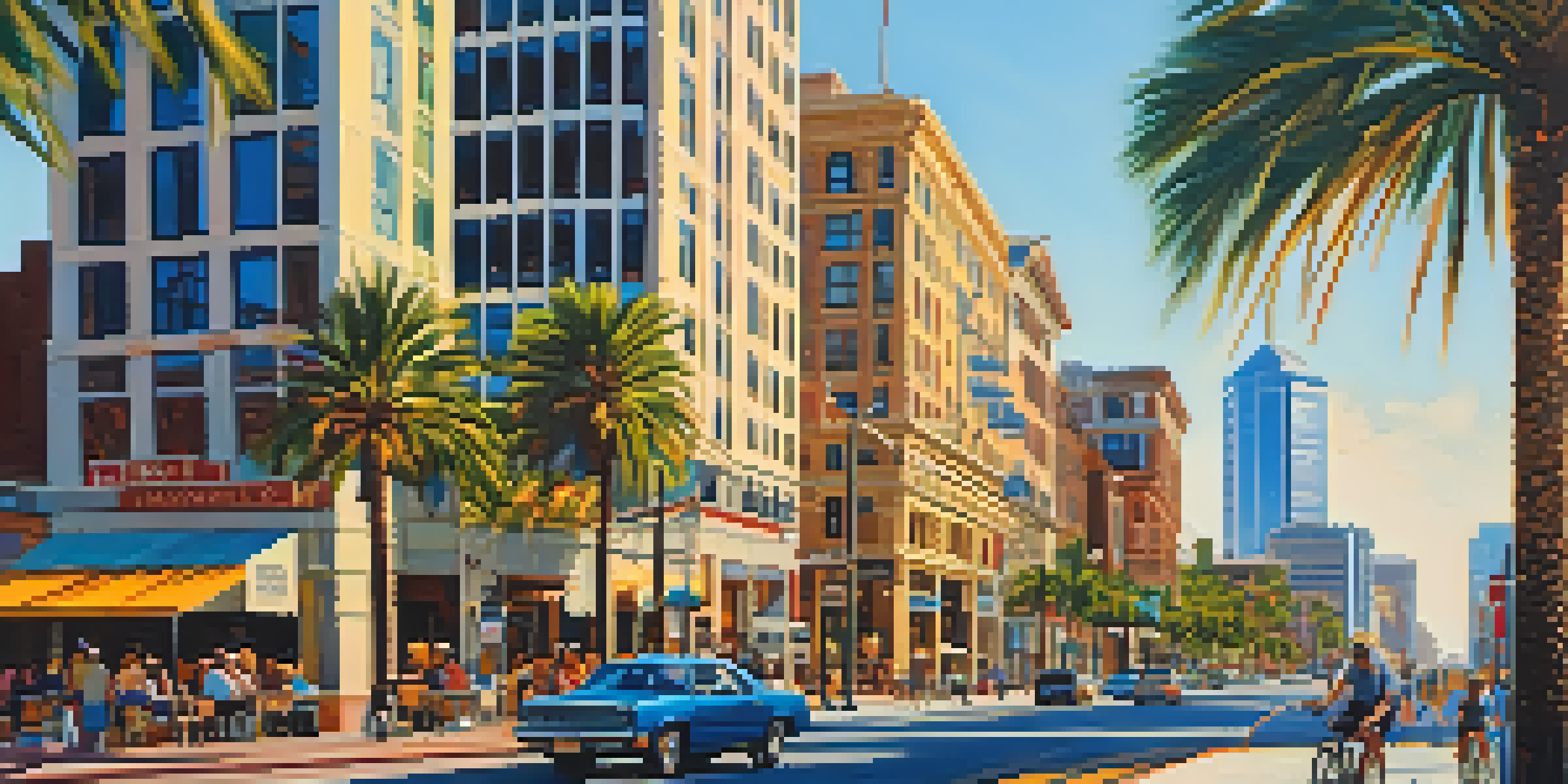 A lively cityscape of Jacksonville with modern skyscrapers and historic buildings, busy streets, palm trees, and outdoor cafes under a clear blue sky.