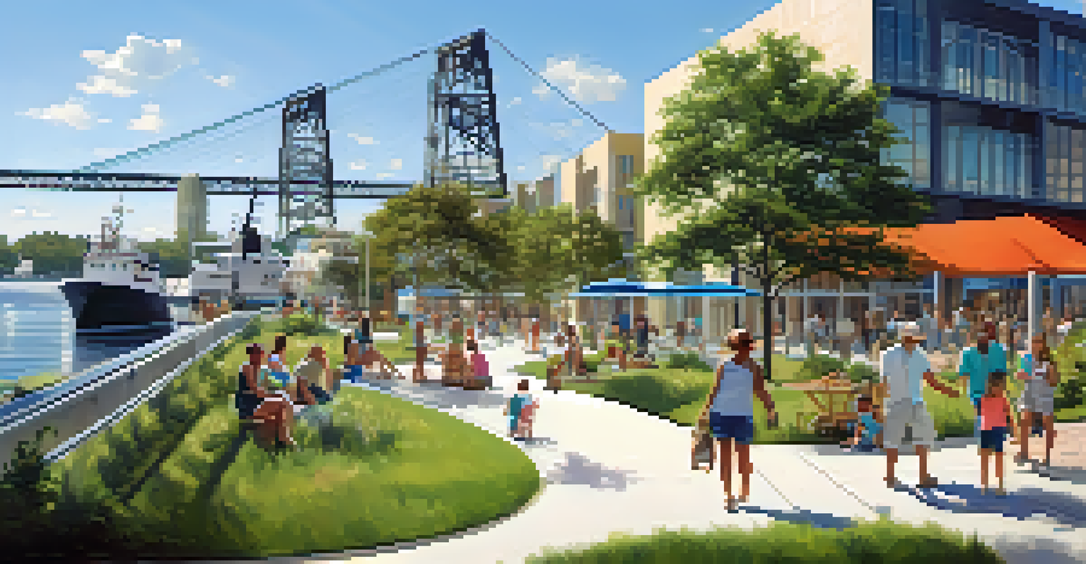 A contemporary shipyard area in Jacksonville, featuring families at a waterfront park, with a museum and green spaces in a vibrant setting.