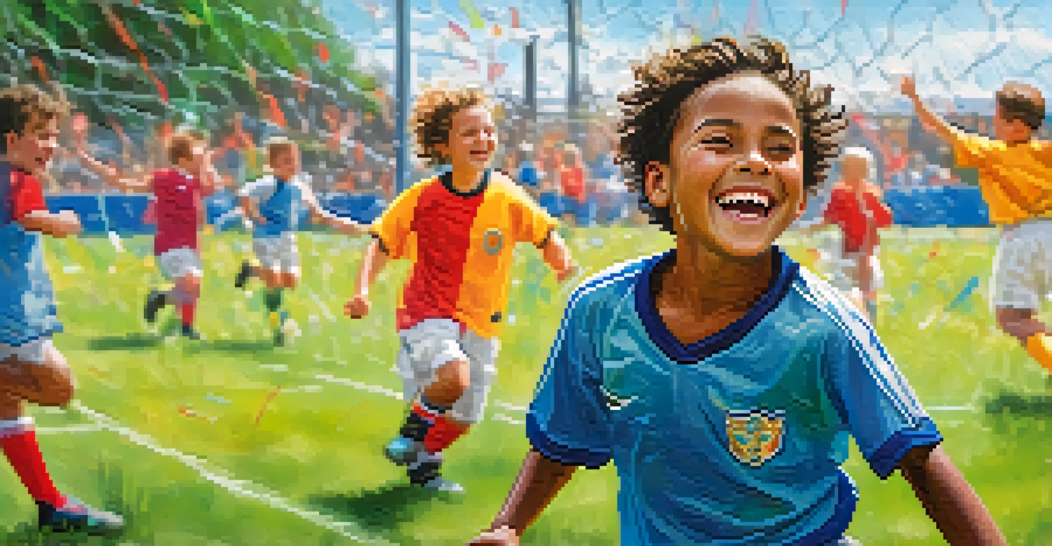 A young soccer player smiling in celebration after scoring a goal, surrounded by teammates in a vibrant soccer field.
