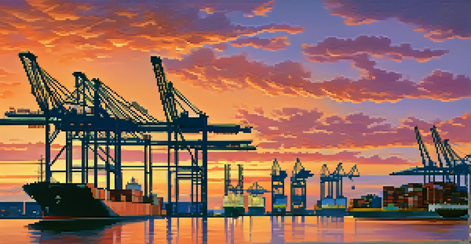 A panoramic view of Jacksonville's port at sunset, with container ships and cranes, against a vibrant skyline.