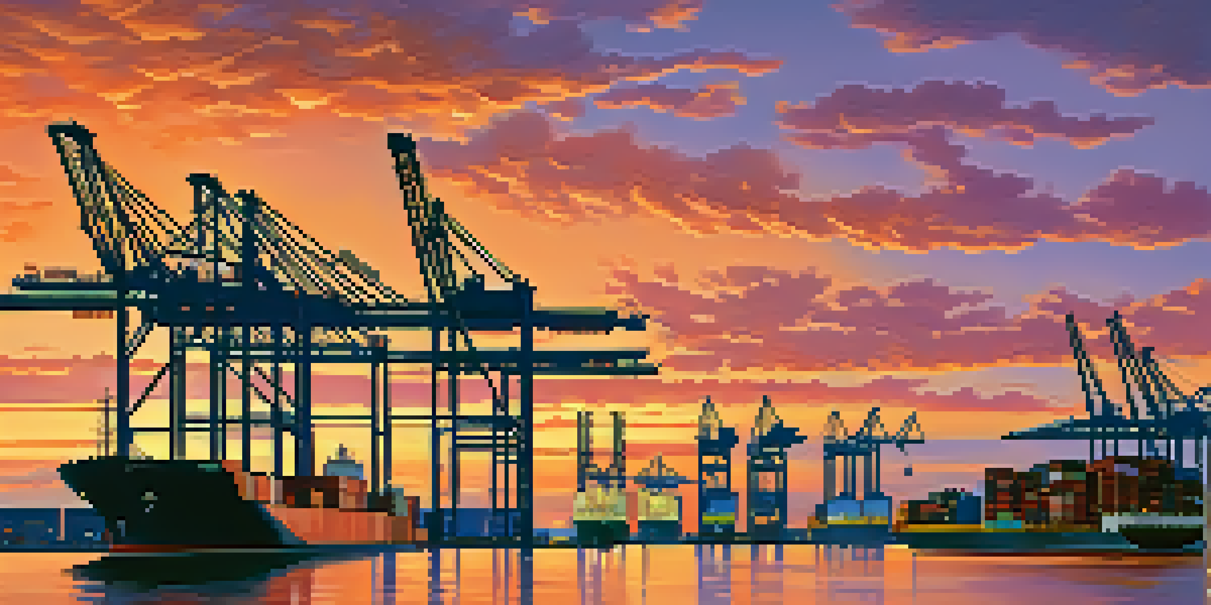 A panoramic view of Jacksonville's port at sunset, with container ships and cranes, against a vibrant skyline.
