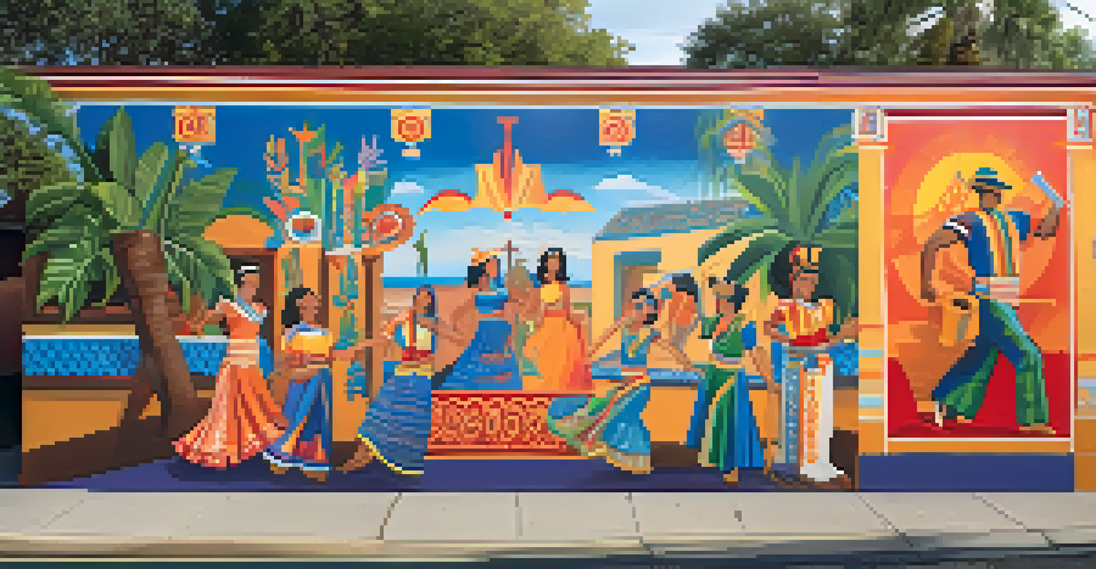 A colorful mural in Jacksonville celebrating Hispanic heritage, with traditional dancers and musical instruments depicted in intricate designs.