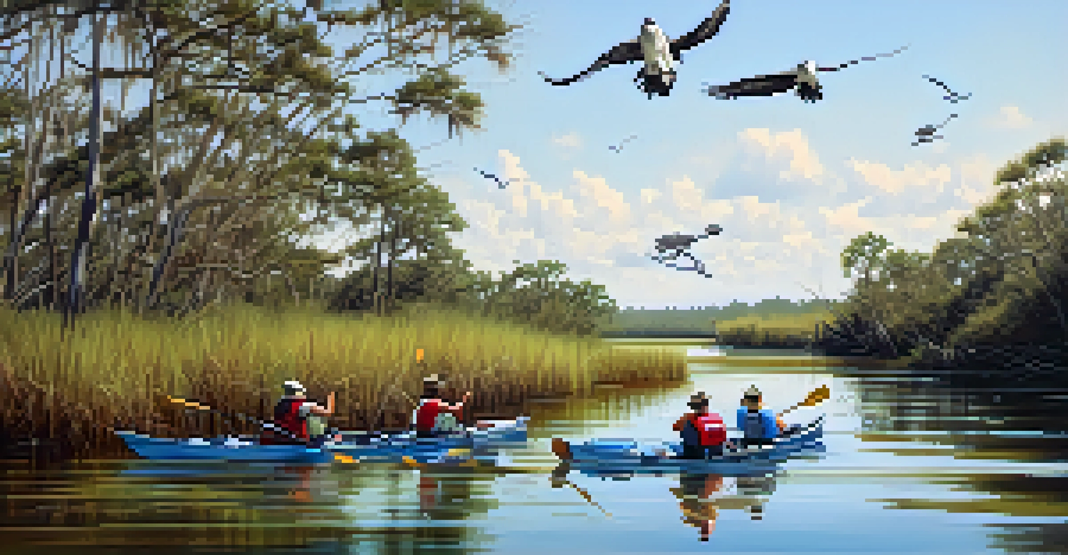 A group of kayakers navigating through the Guana River estuaries, with ospreys and manatees visible in the surroundings.