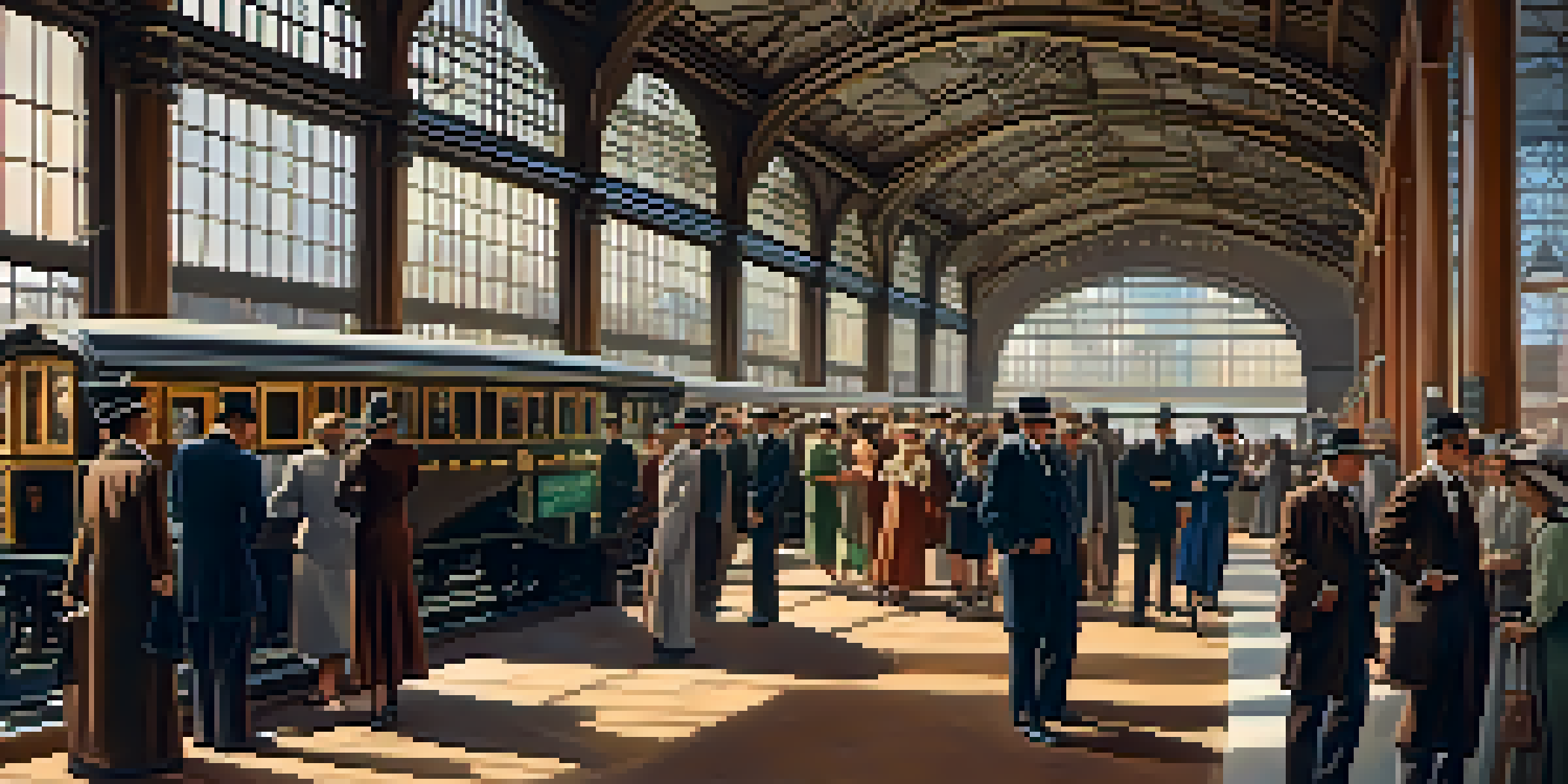 A historical depiction of Jacksonville's Union Station, featuring passengers boarding a steam locomotive with intricate architectural details and warm sunlight illuminating the scene.