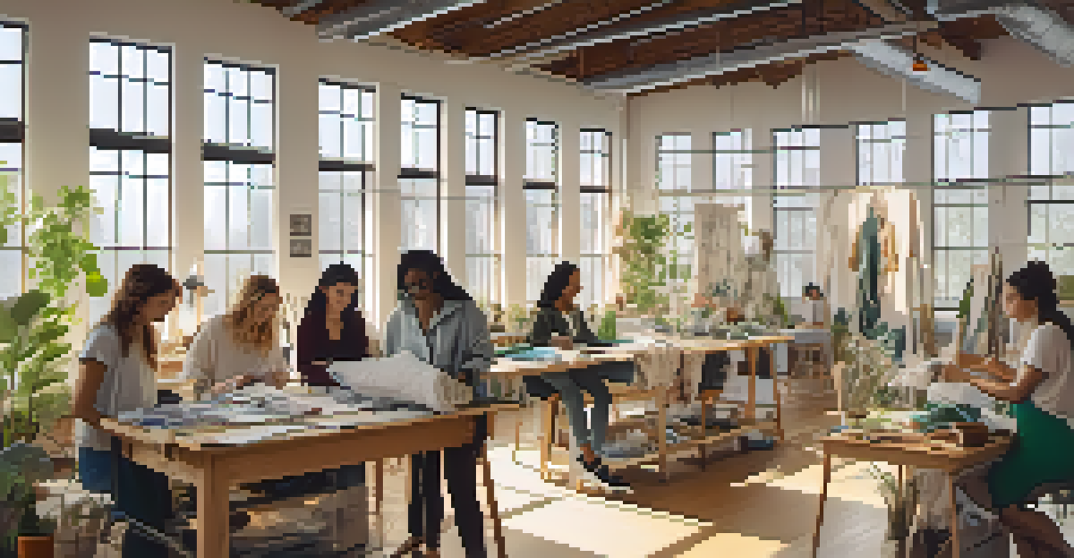 A collaborative workshop with aspiring designers creating sustainable fashion, filled with materials and sketches under sunlight.
