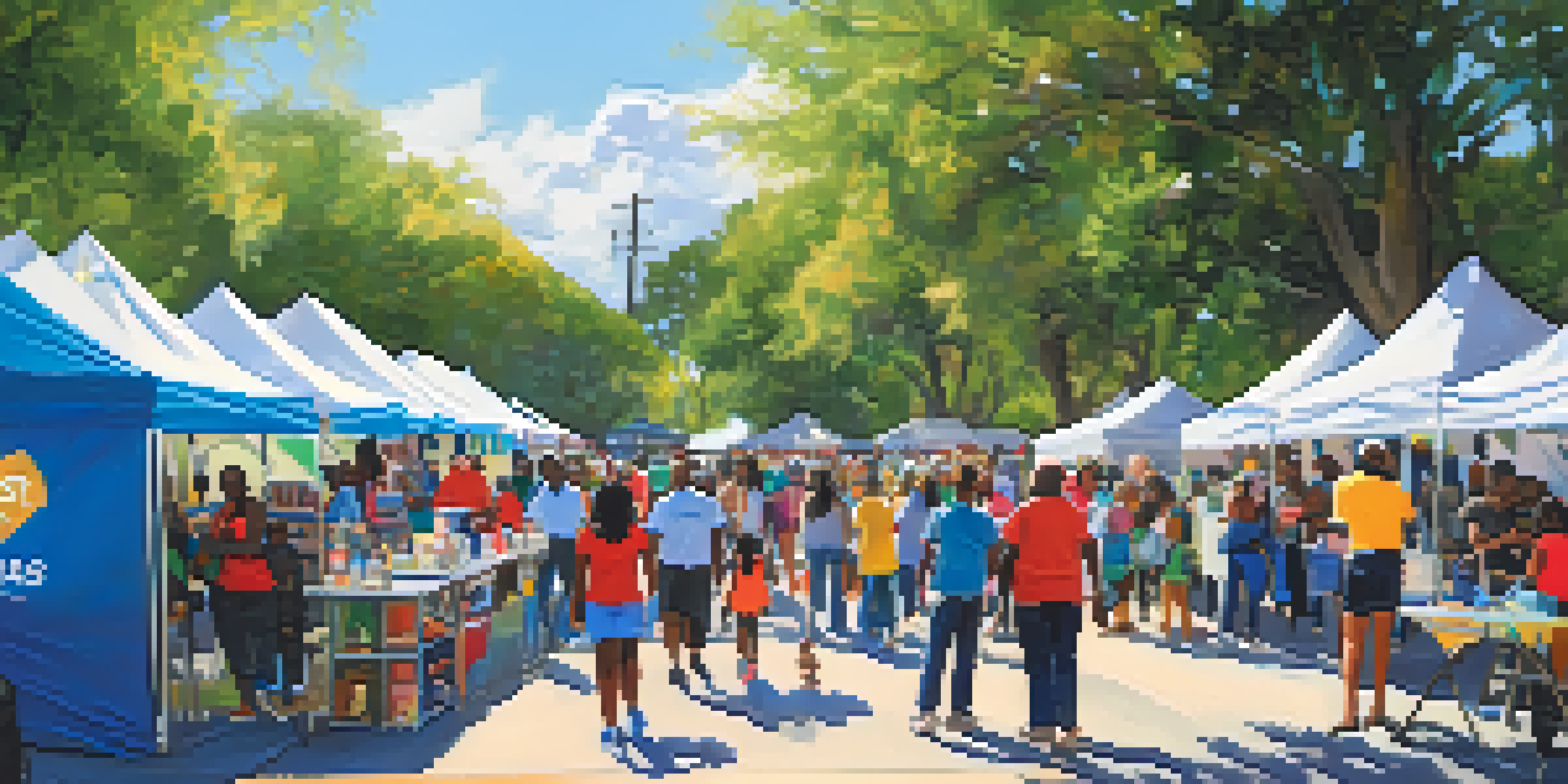 A lively community health fair with diverse attendees interacting with health professionals at various booths, surrounded by greenery and colorful tents under a sunny sky.
