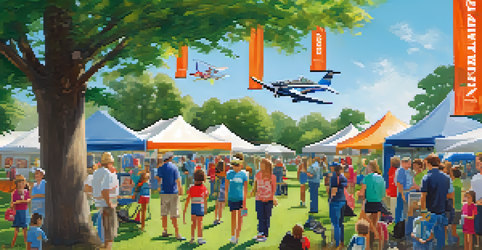 A community aviation safety awareness event in a park with families and enthusiasts around interactive exhibits, promoting safety education.