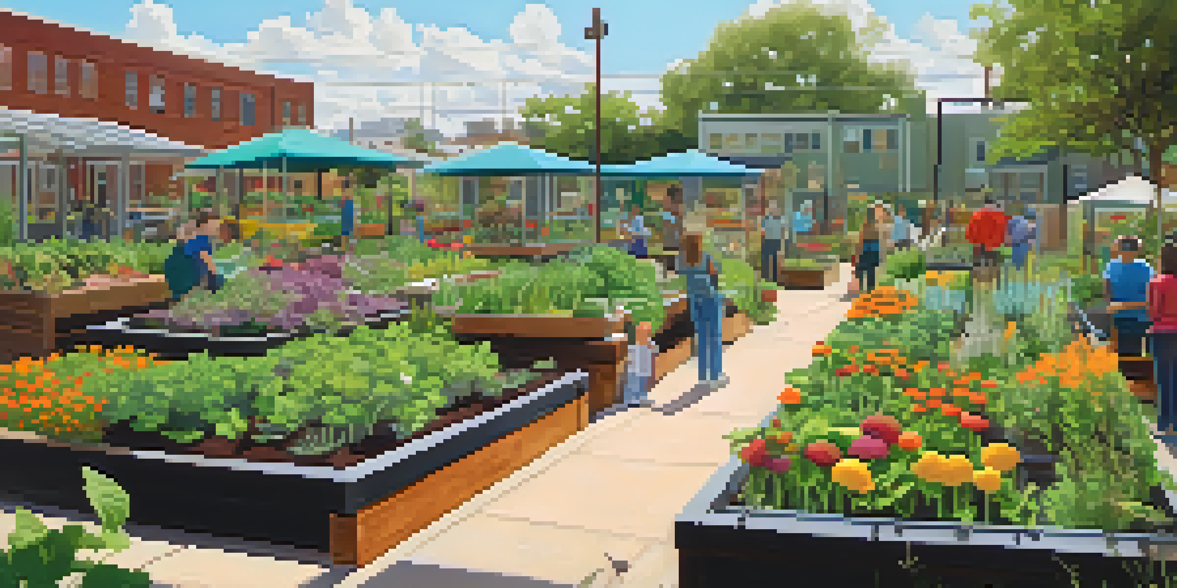 A community garden in Jacksonville with diverse residents caring for plants, bathed in warm sunlight.