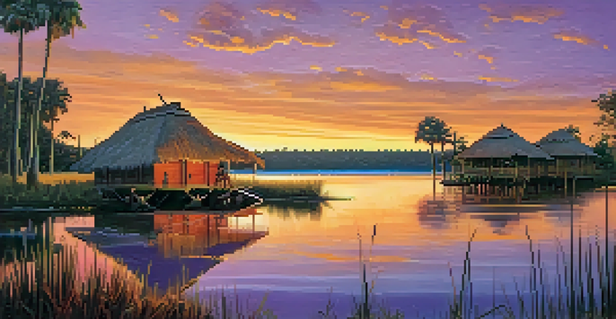 A sunset view of the St. Johns River with a Timucua village in the foreground, depicting traditional huts and Native American figures.