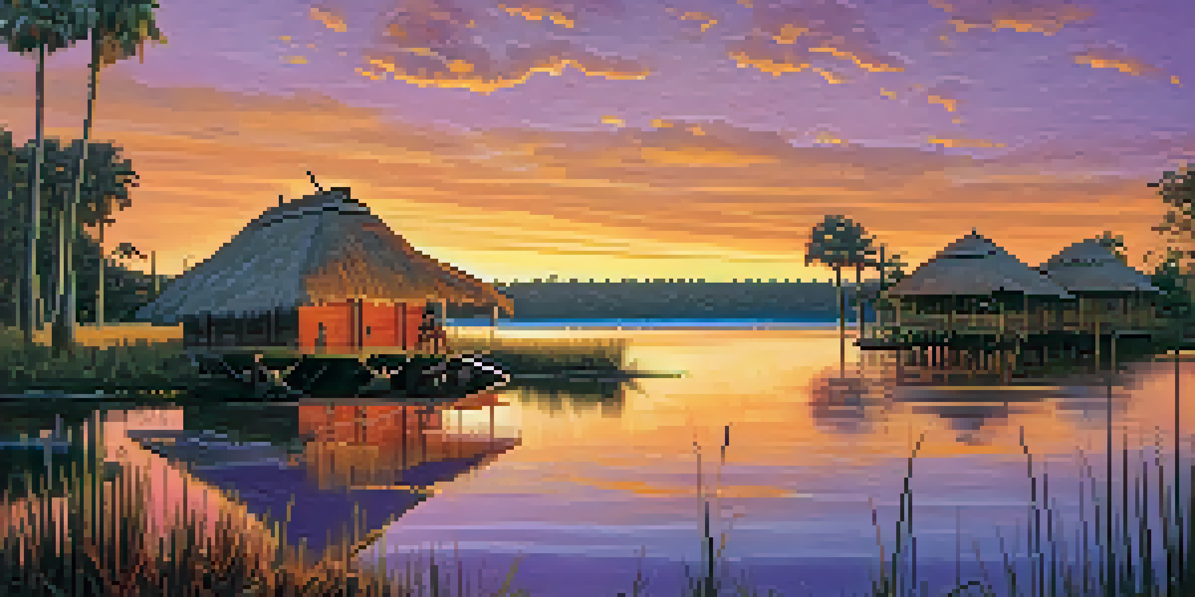 A sunset view of the St. Johns River with a Timucua village in the foreground, depicting traditional huts and Native American figures.
