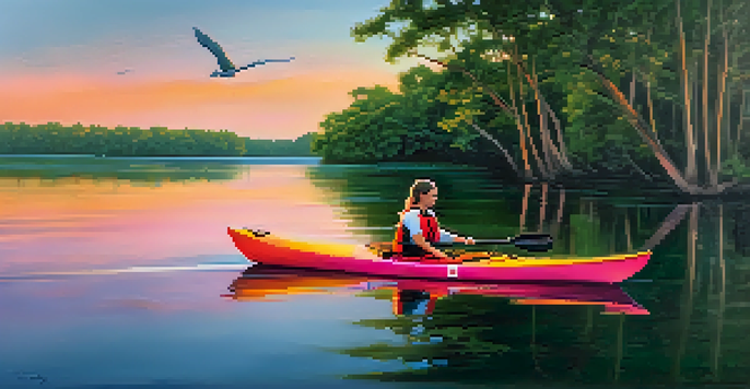A kayaker paddling on the calm St. Johns River during sunset, surrounded by green trees and a colorful sky.