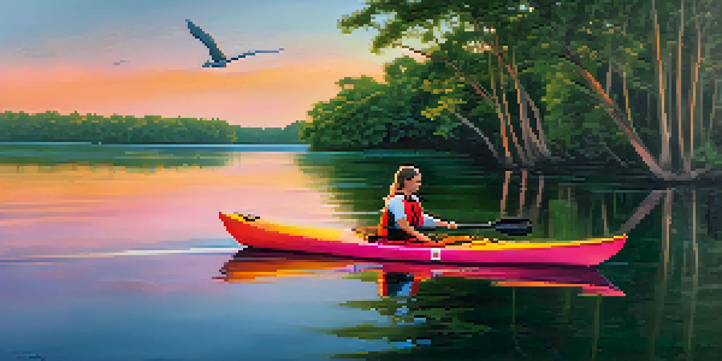 A kayaker paddling on the calm St. Johns River during sunset, surrounded by green trees and a colorful sky.