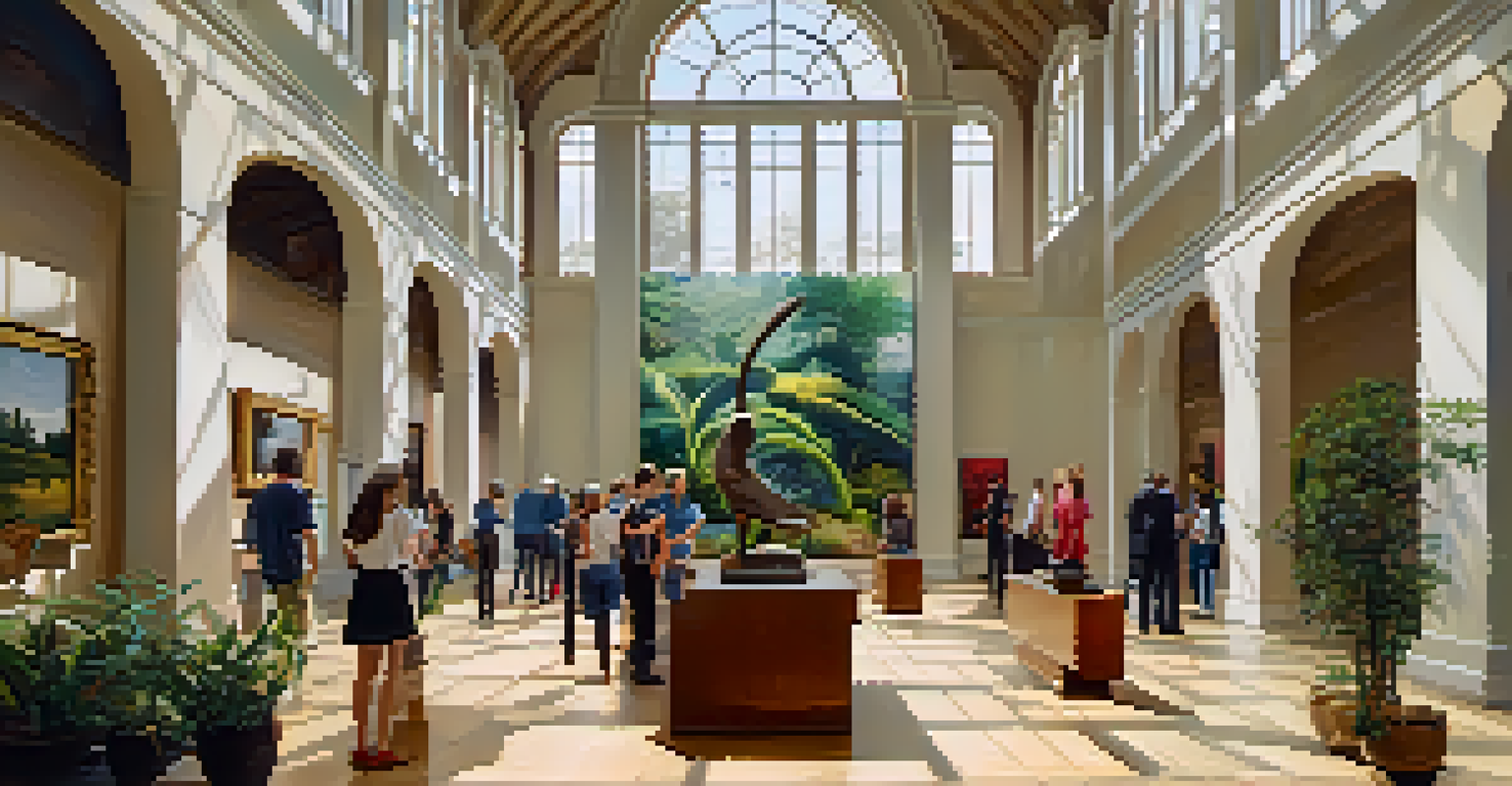 An interior view of the Cummer Museum showcasing contemporary art, with visitors admiring the artworks and lush gardens visible outside.