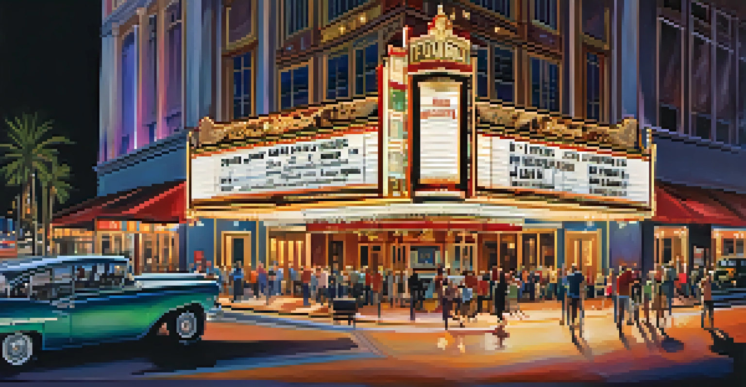 The historic Florida Theatre lit up at night with its marquee lights and a line of concert-goers outside.