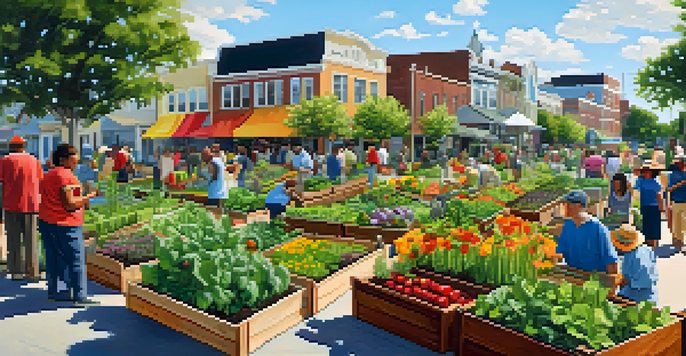 A vibrant community garden in Jacksonville, showcasing residents working together among colorful flowers and vegetables, under a clear blue sky.