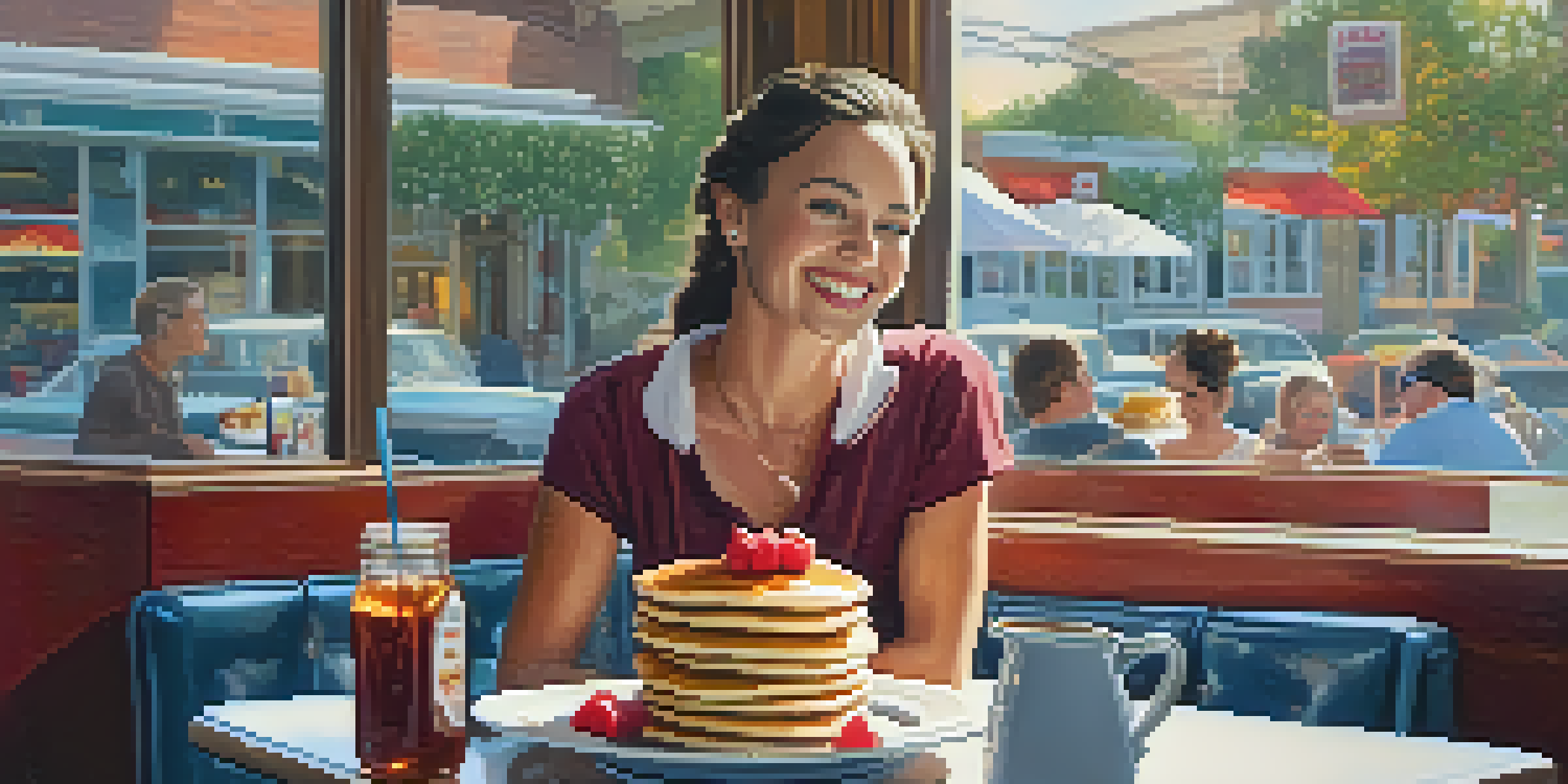 A cozy diner with wooden tables, colorful wall art, and a waitress serving pancakes and sandwiches in Jacksonville.