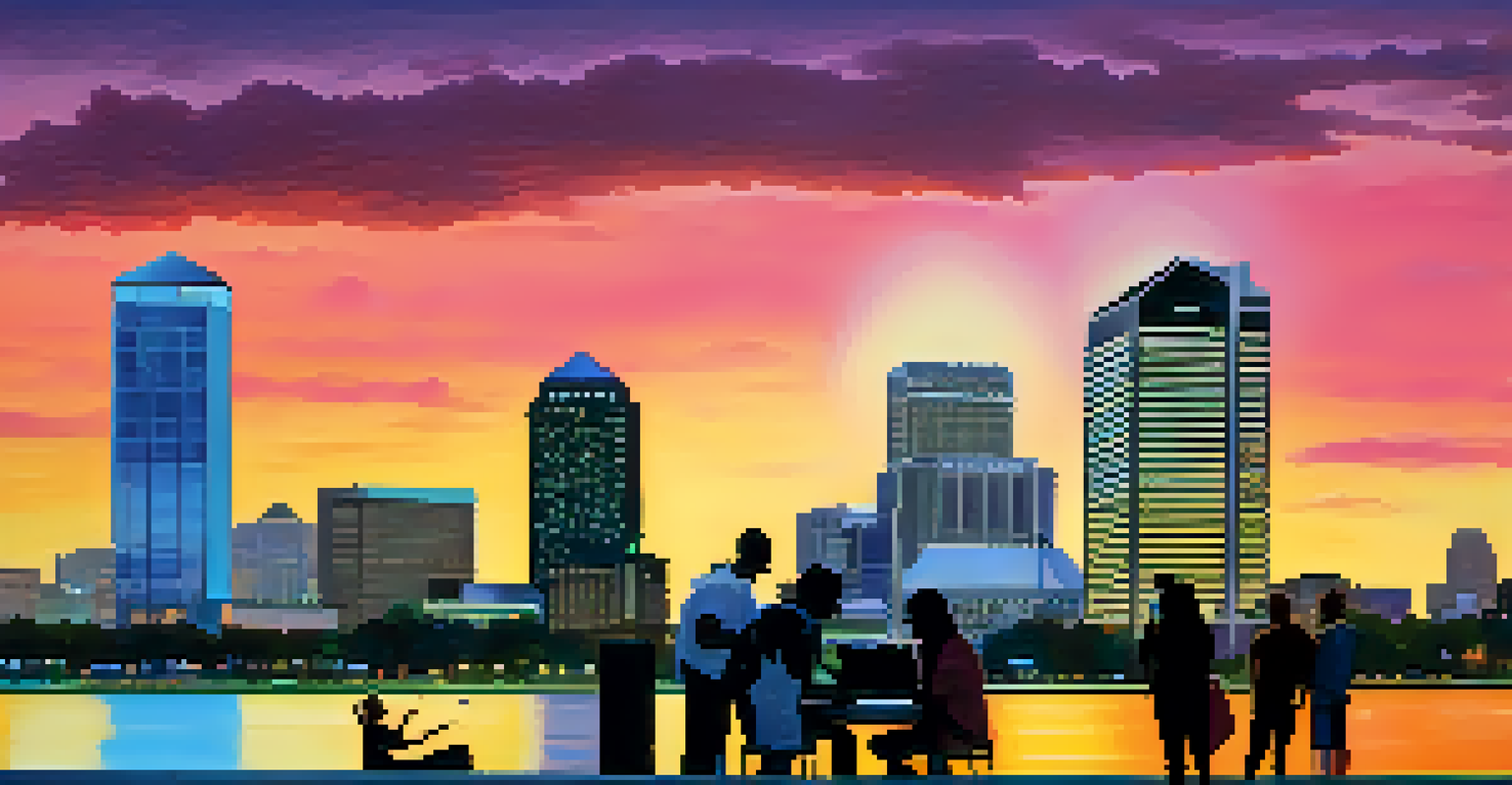 Jacksonville skyline at sunset with silhouettes of buildings, and a park filled with people attending a tech meetup.