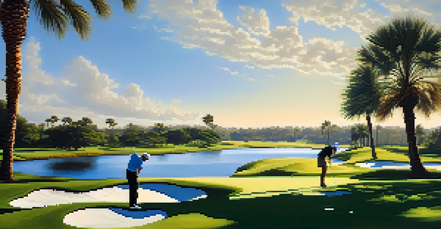 A golfer practicing their swing on a lush golf course with palm trees and a clear blue sky in the background.