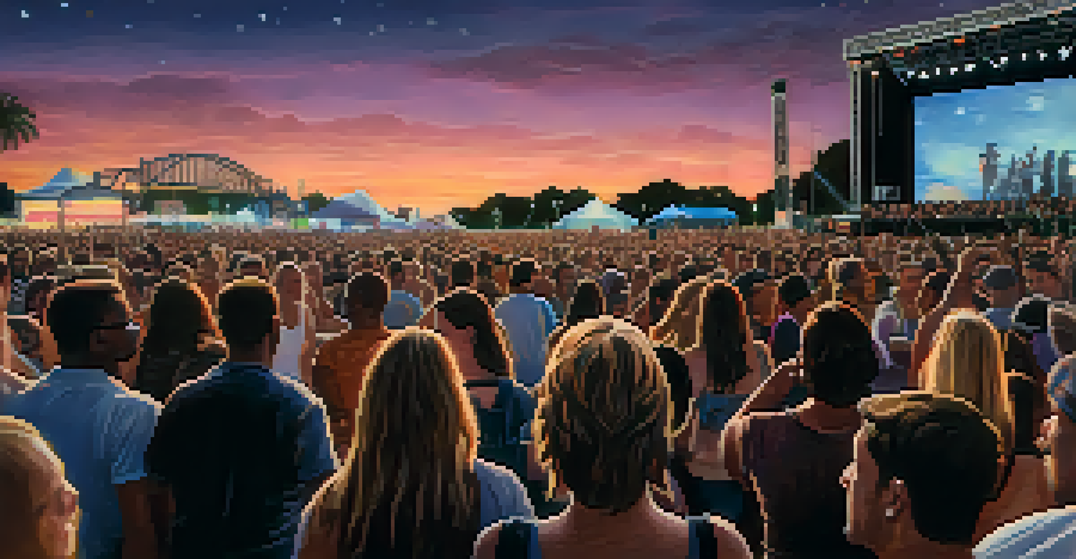 A musician passionately playing guitar with a lively crowd enjoying the performance at an evening music festival.