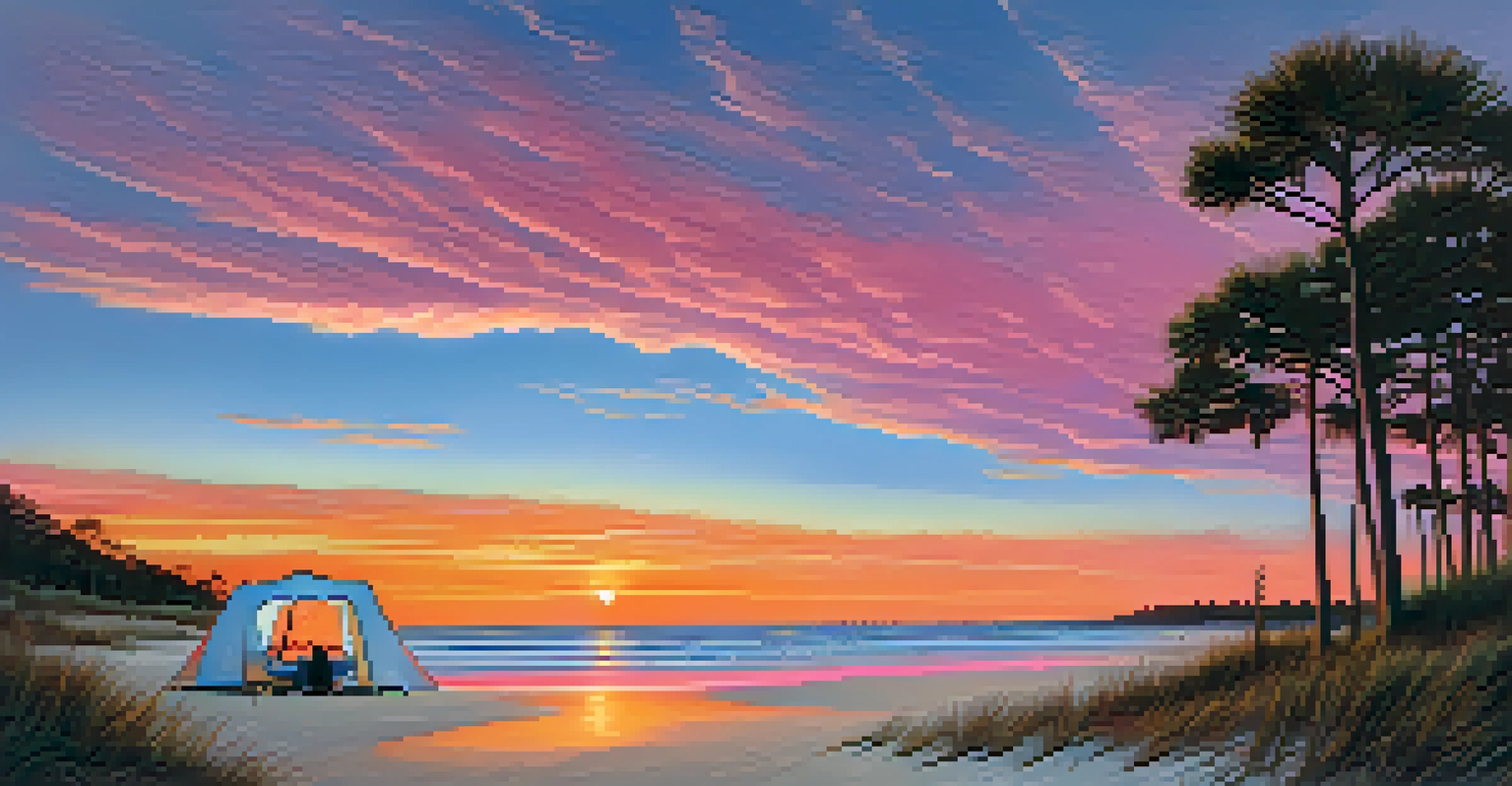 A sunset scene at Little Talbot Island State Park with a campsite, beach, and a couple by a campfire.