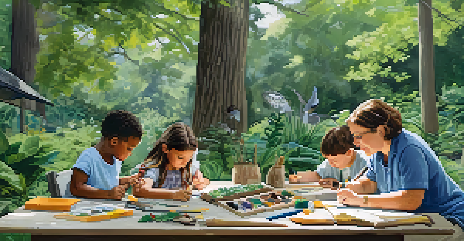 Families participating in an educational workshop at Jacksonville's Botanical Gardens, creating habitats for wildlife amidst a beautiful garden setting.
