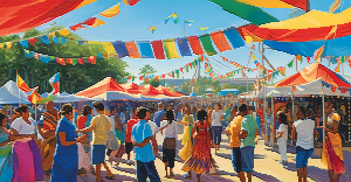 A lively multicultural festival with diverse people enjoying food, music, and crafts under colorful tents.