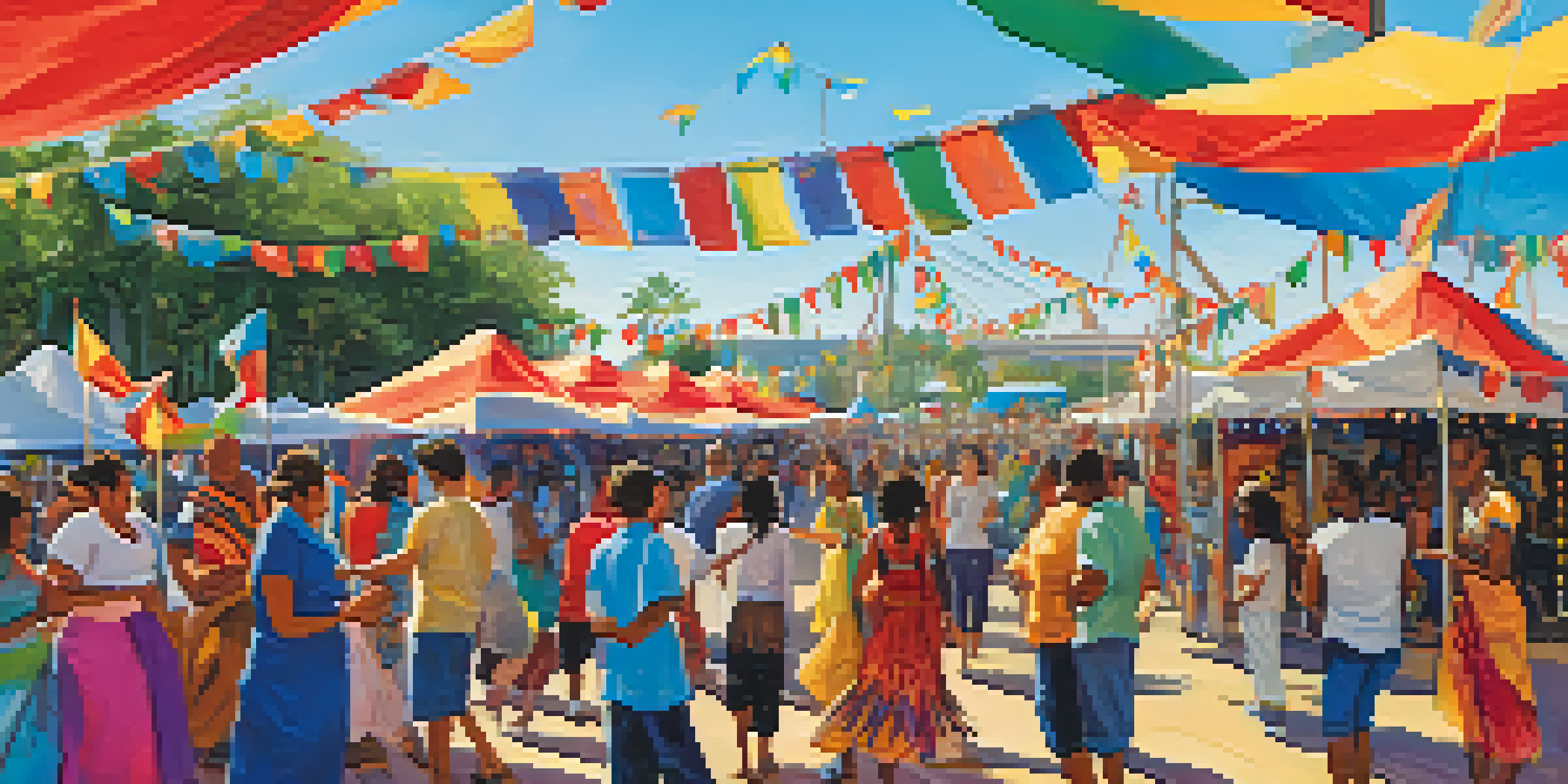 A lively multicultural festival with diverse people enjoying food, music, and crafts under colorful tents.