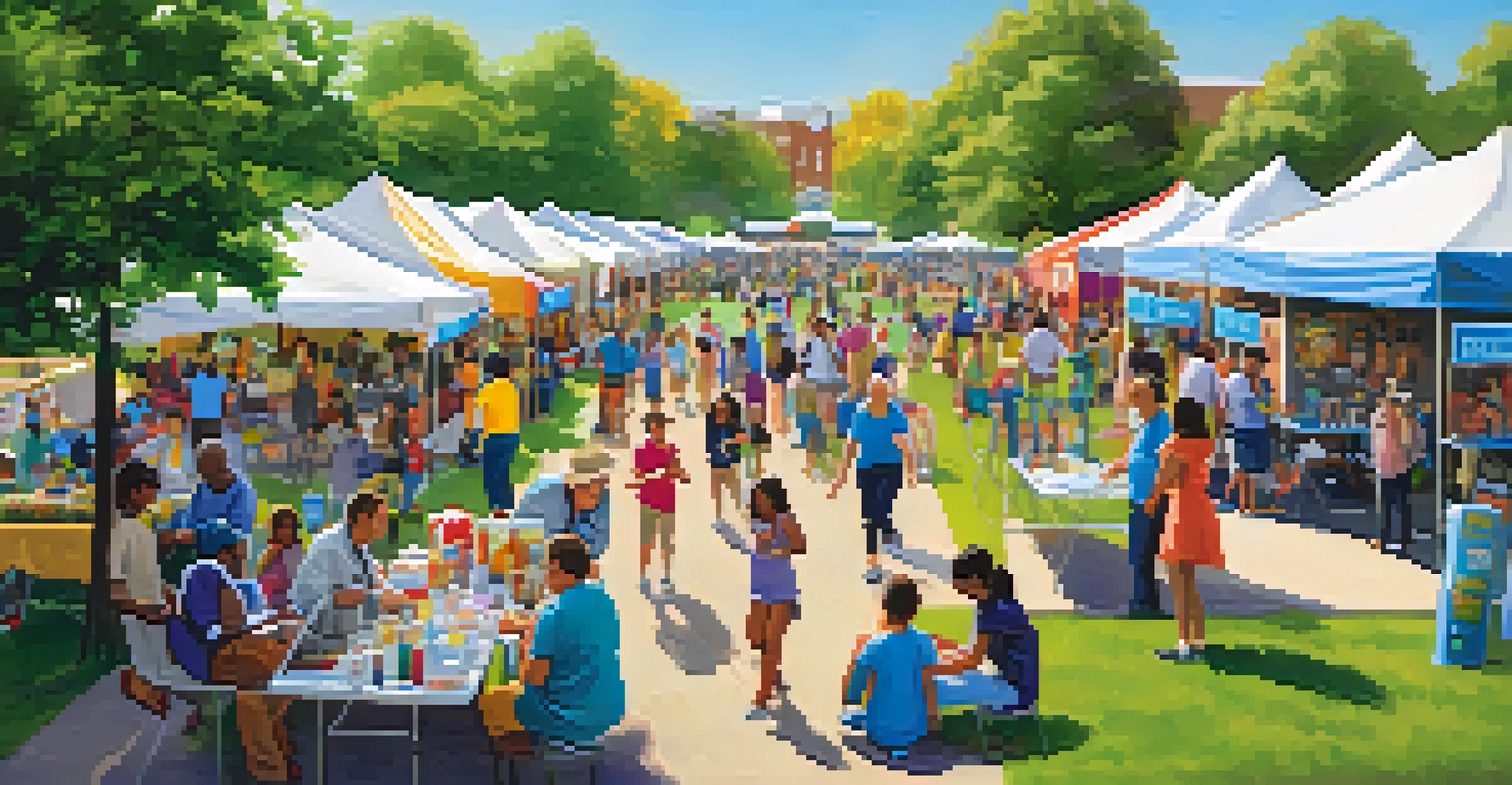 A lively community health fair with booths providing health screenings and resources, featuring families and volunteers in a sunny park.
