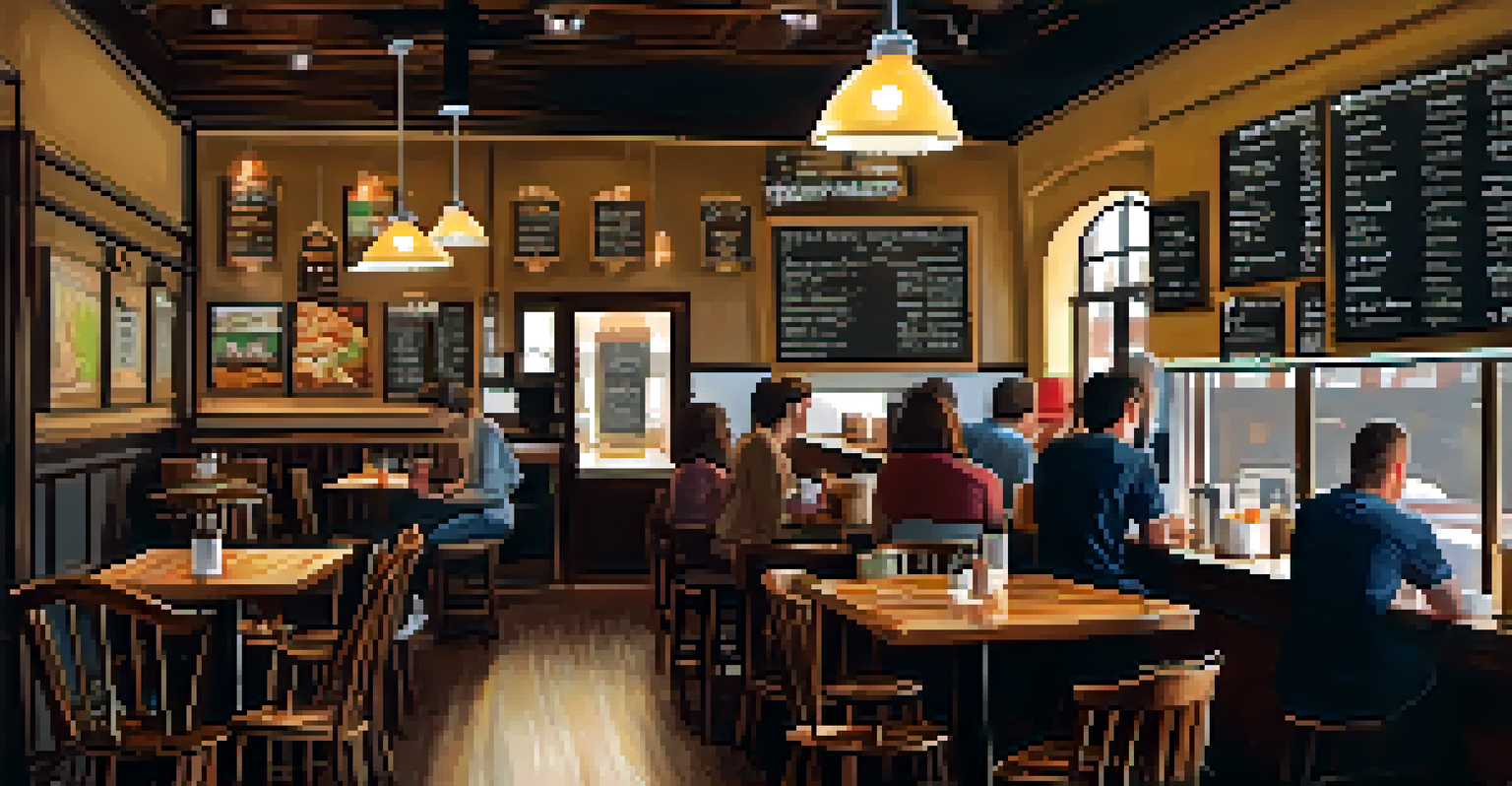 Interior of a Jacksonville café with unique menu items on a chalkboard and customers enjoying their drinks in a cozy setting.