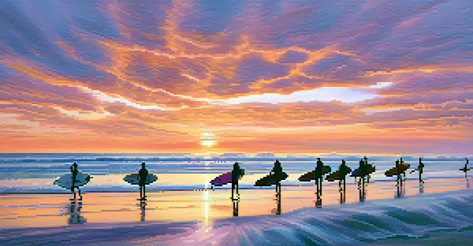 Surfers catching waves at Jacksonville Beach with a colorful sunset in the background.