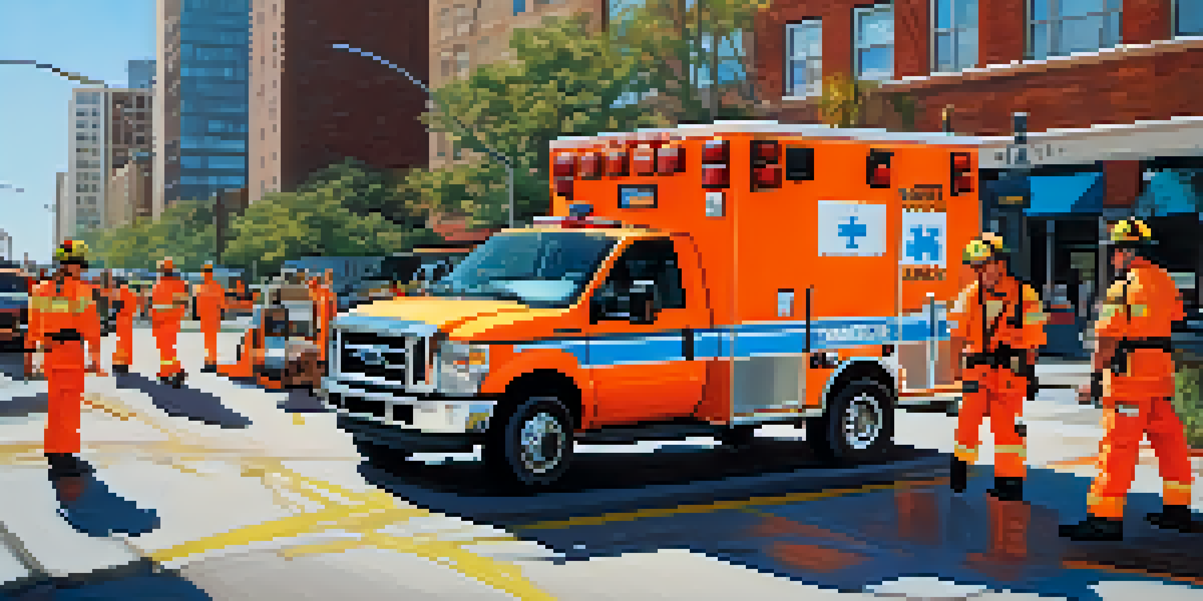 Paramedics responding to an emergency in Jacksonville with an ambulance and city buildings in the background.
